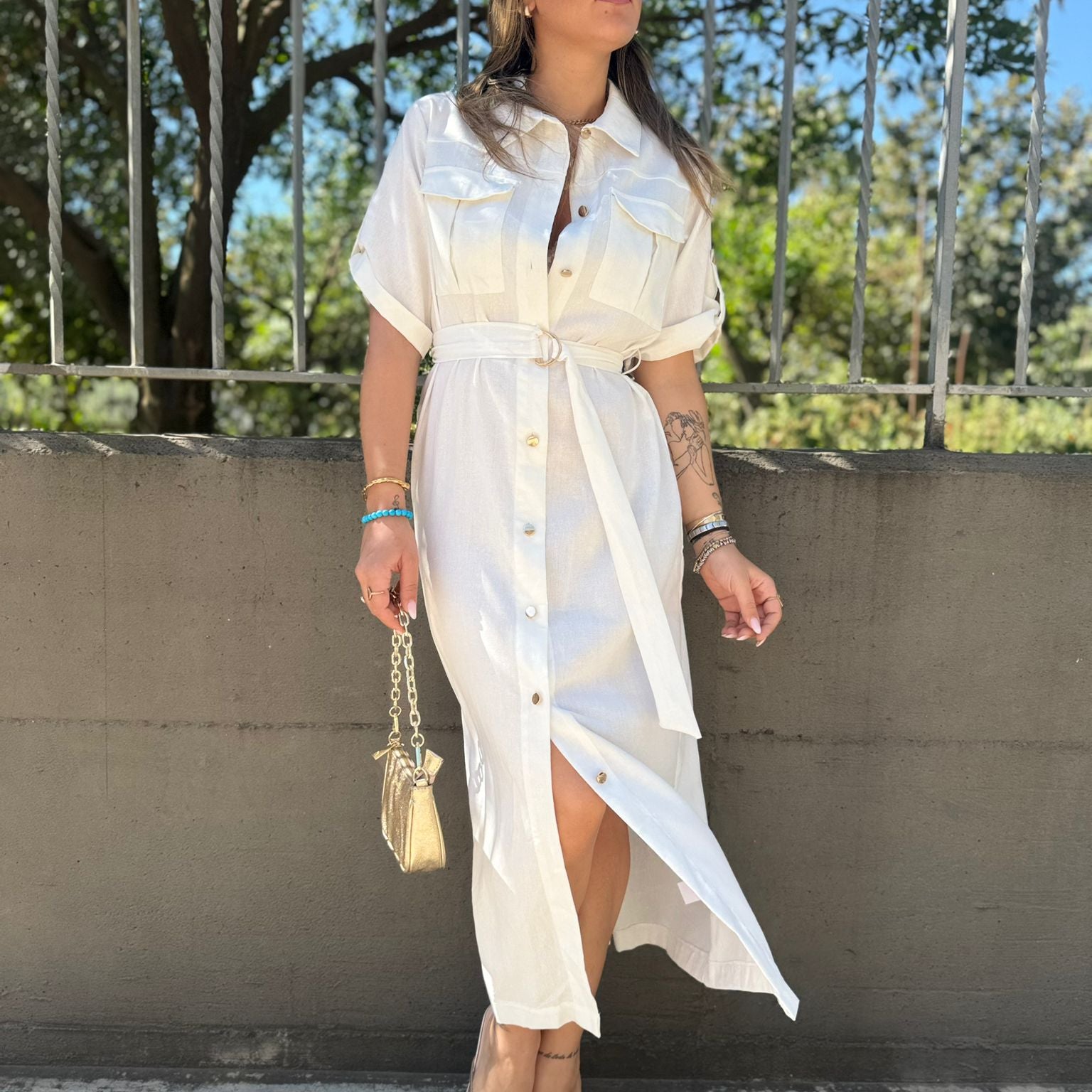 Vestito mezza manica effetto lino con cintura