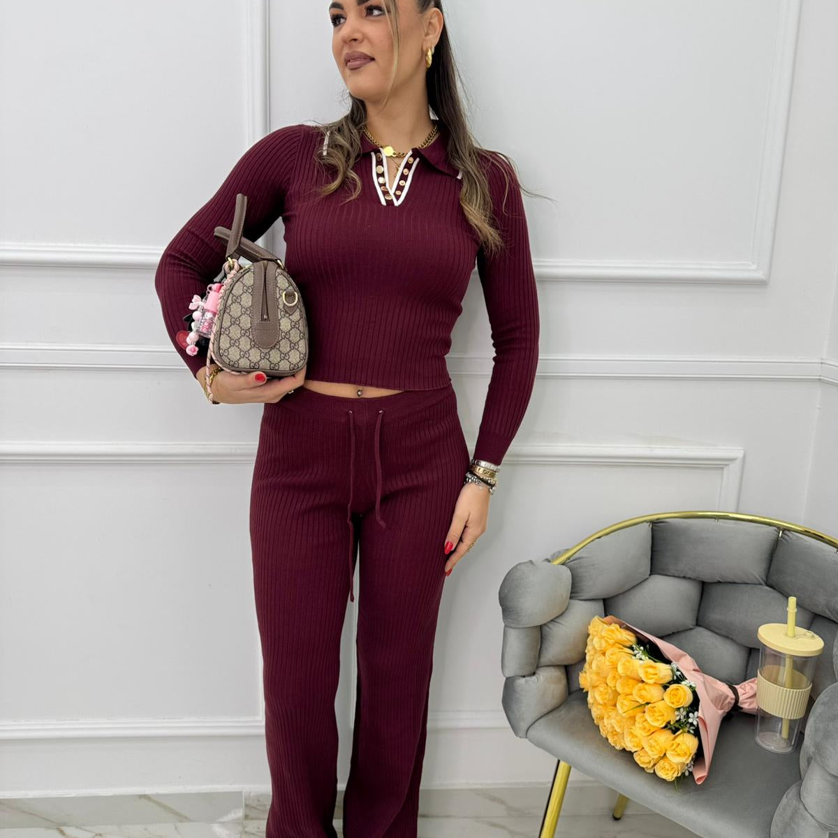 Coordinato 2 pezzi a costine con maglia a polo