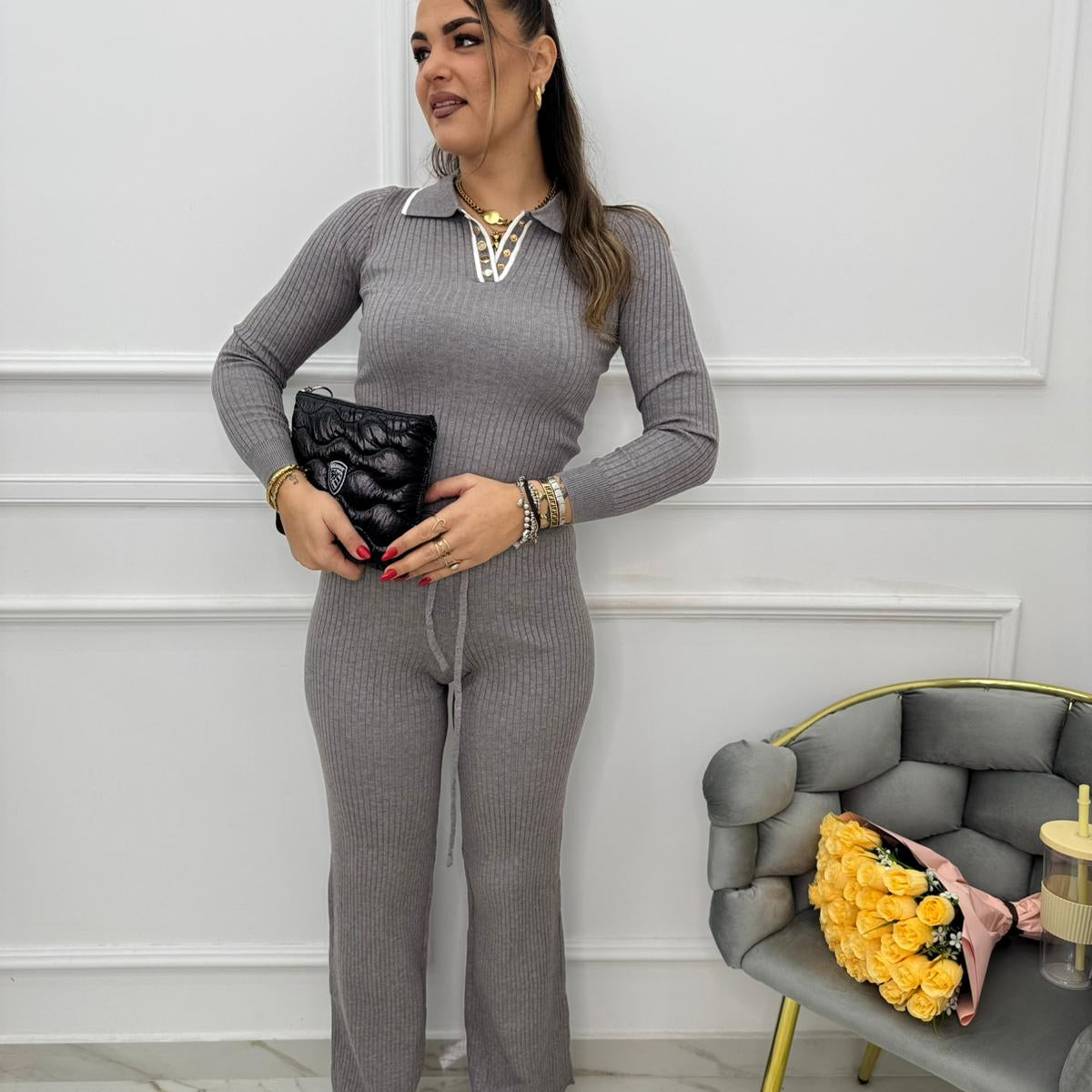 Coordinato 2 pezzi a costine con maglia a polo