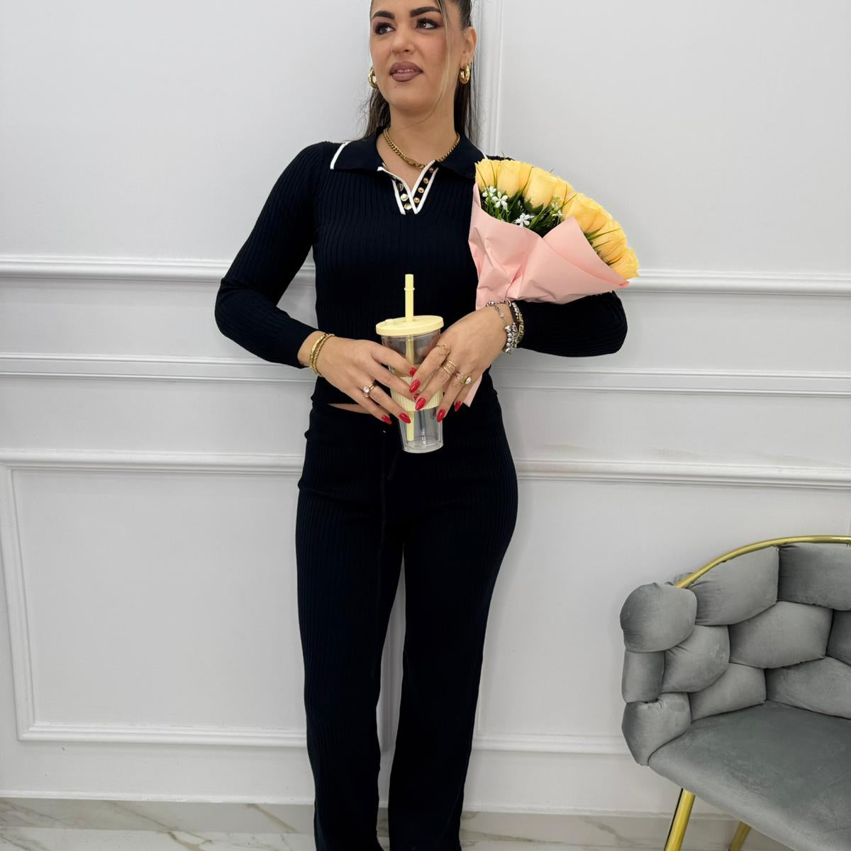 Coordinato 2 pezzi a costine con maglia a polo