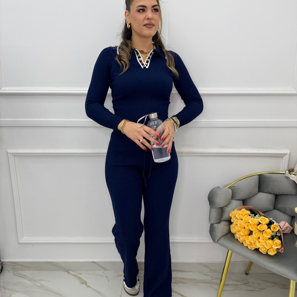 Coordinato 2 pezzi a costine con maglia a polo
