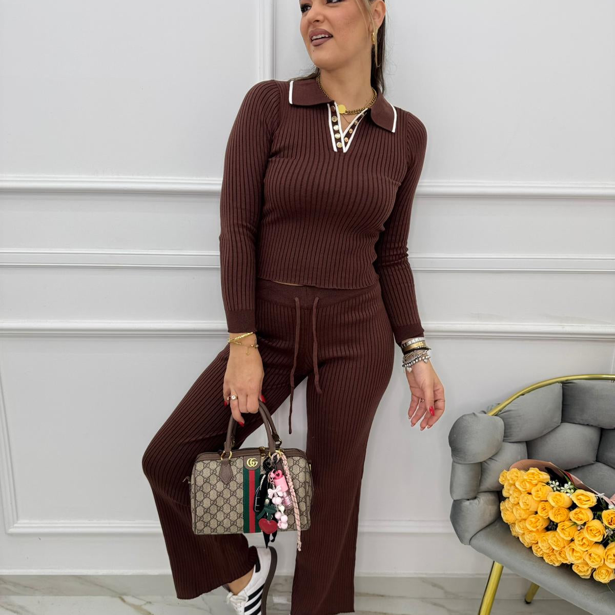 Coordinato 2 pezzi a costine con maglia a polo