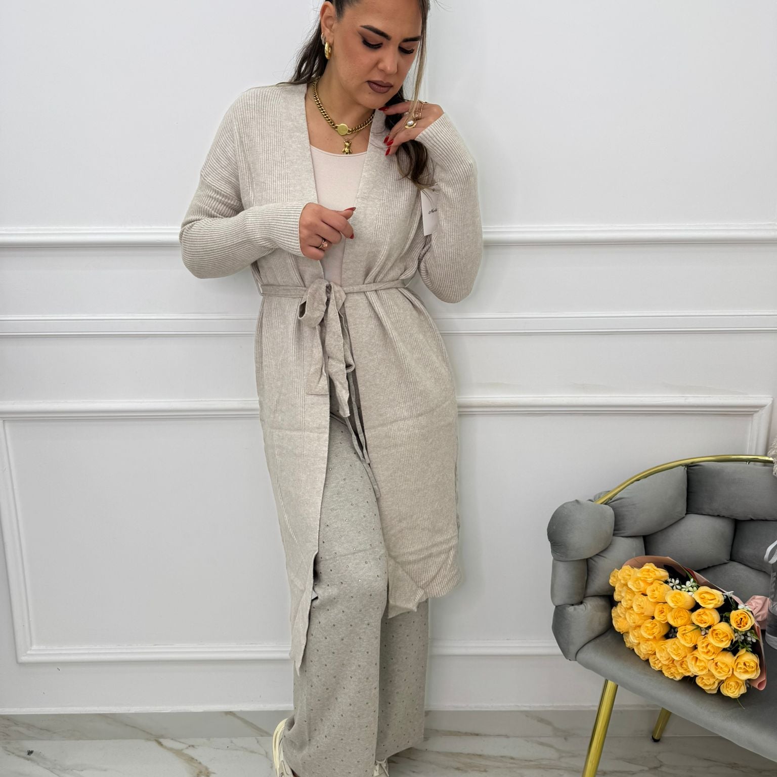 Cardigan lungo a costine con cintura