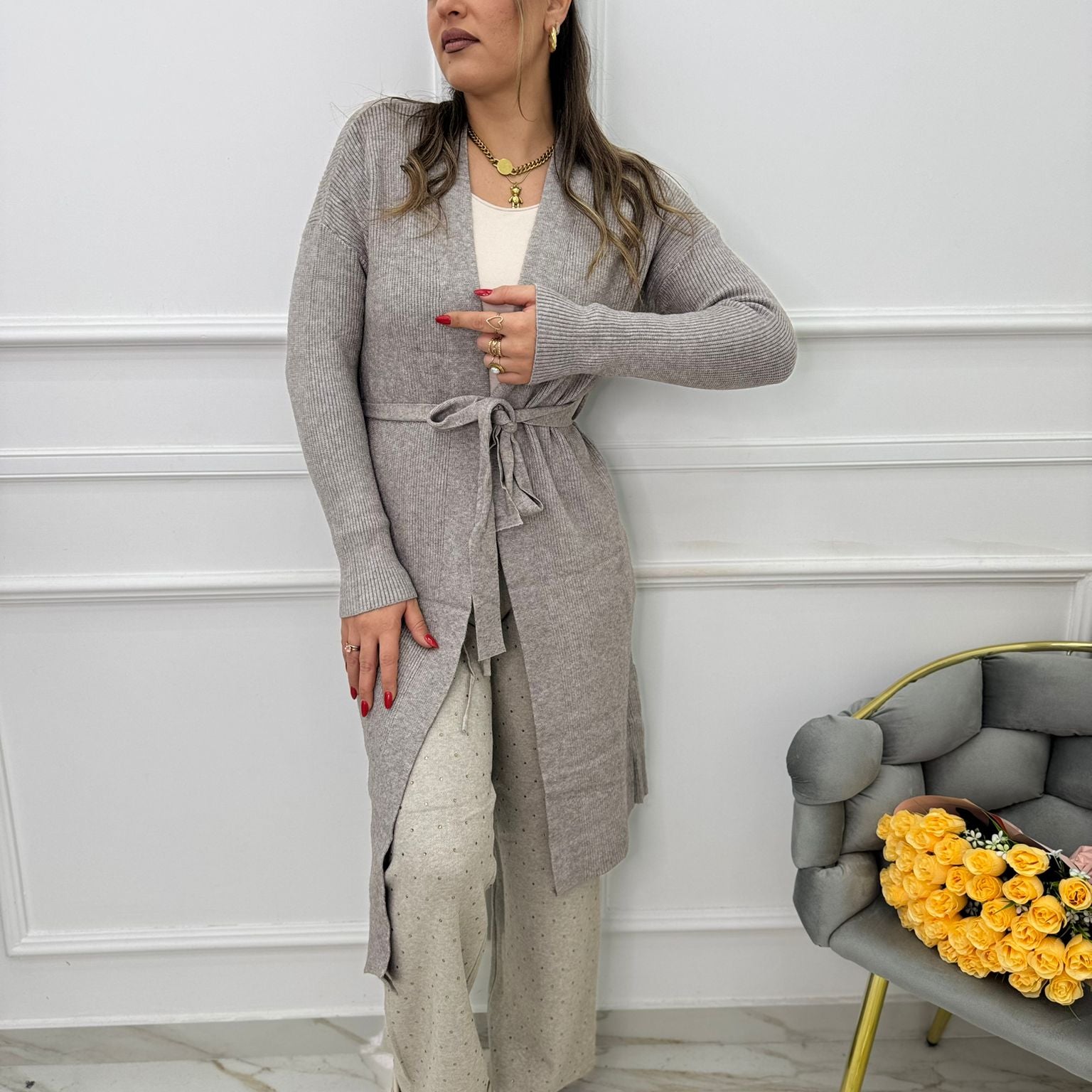 Cardigan lungo a costine con cintura