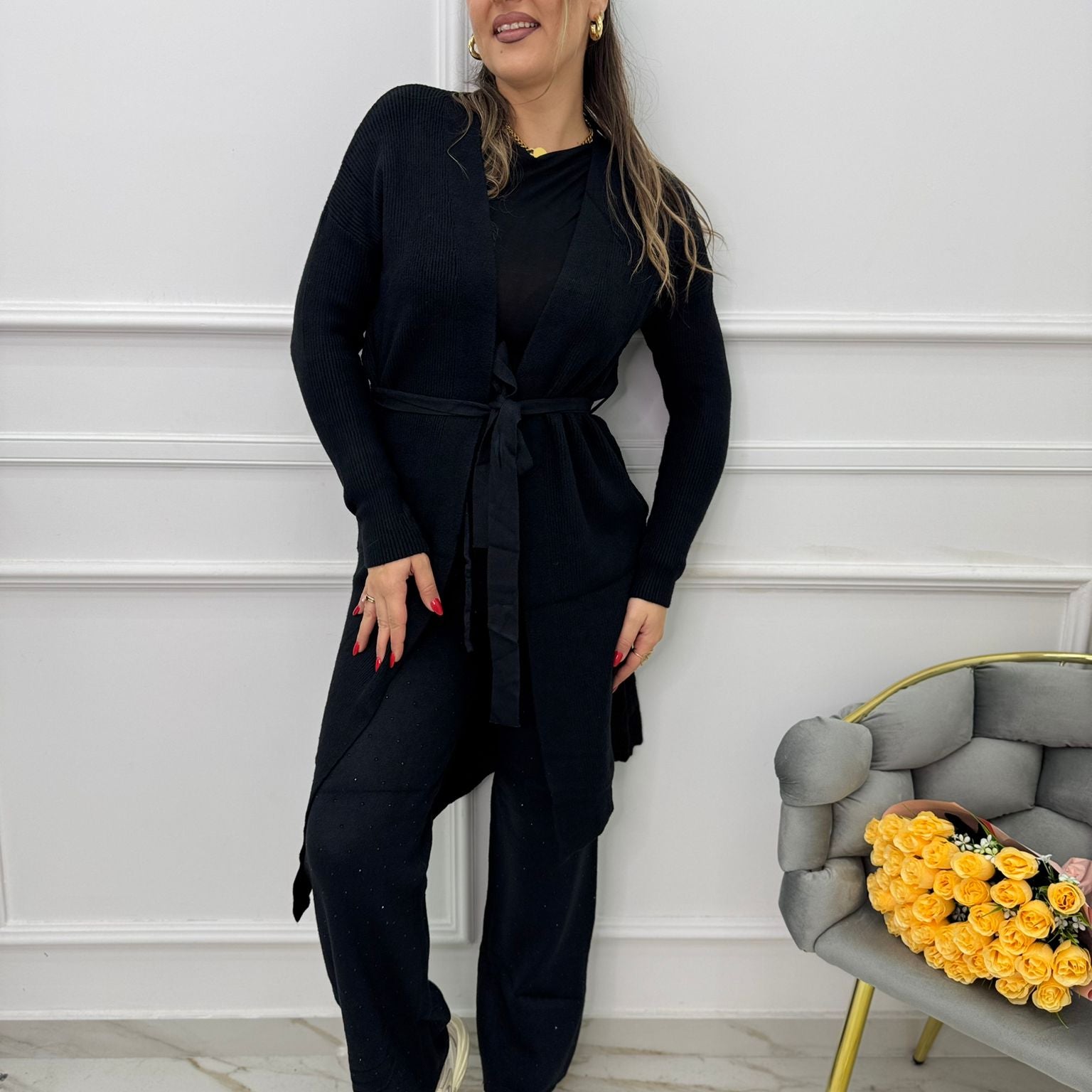 Cardigan lungo a costine con cintura