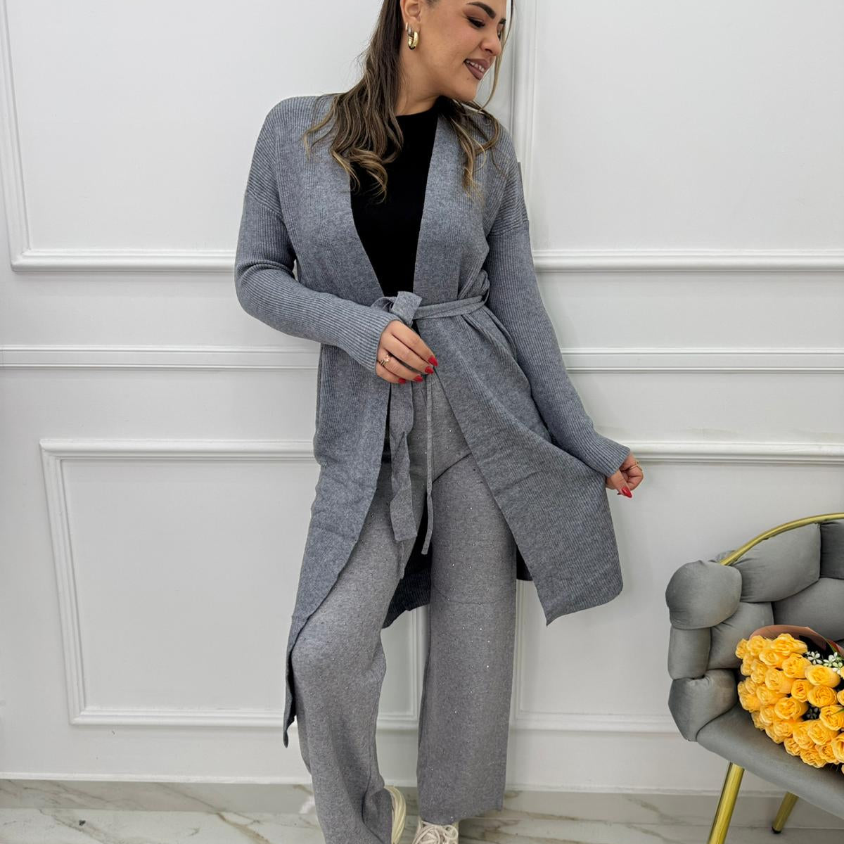 Cardigan lungo a costine con cintura