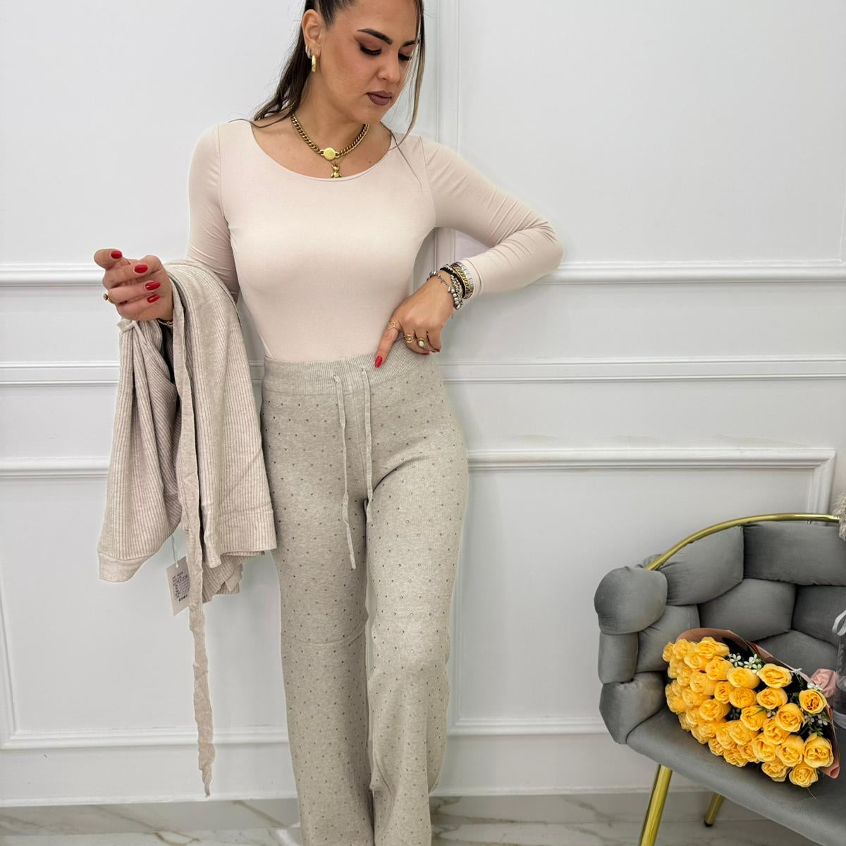 Pantalone in lana rasata con swarovski