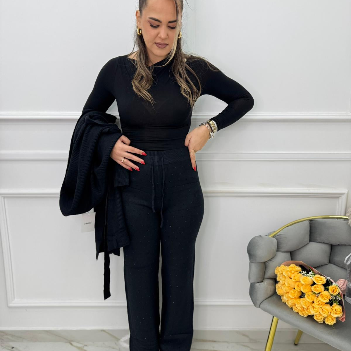 Pantalone in lana rasata con swarovski
