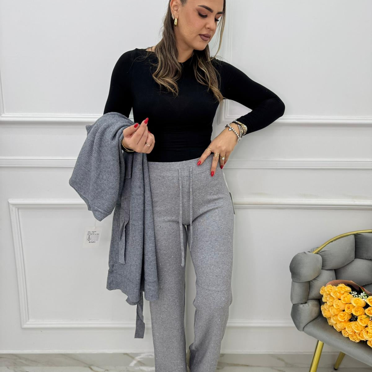 Pantalone in lana rasata con swarovski