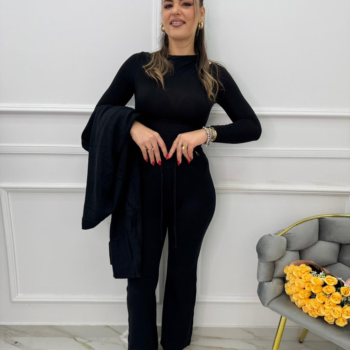 Pantalone palazzo a costine in simil lana