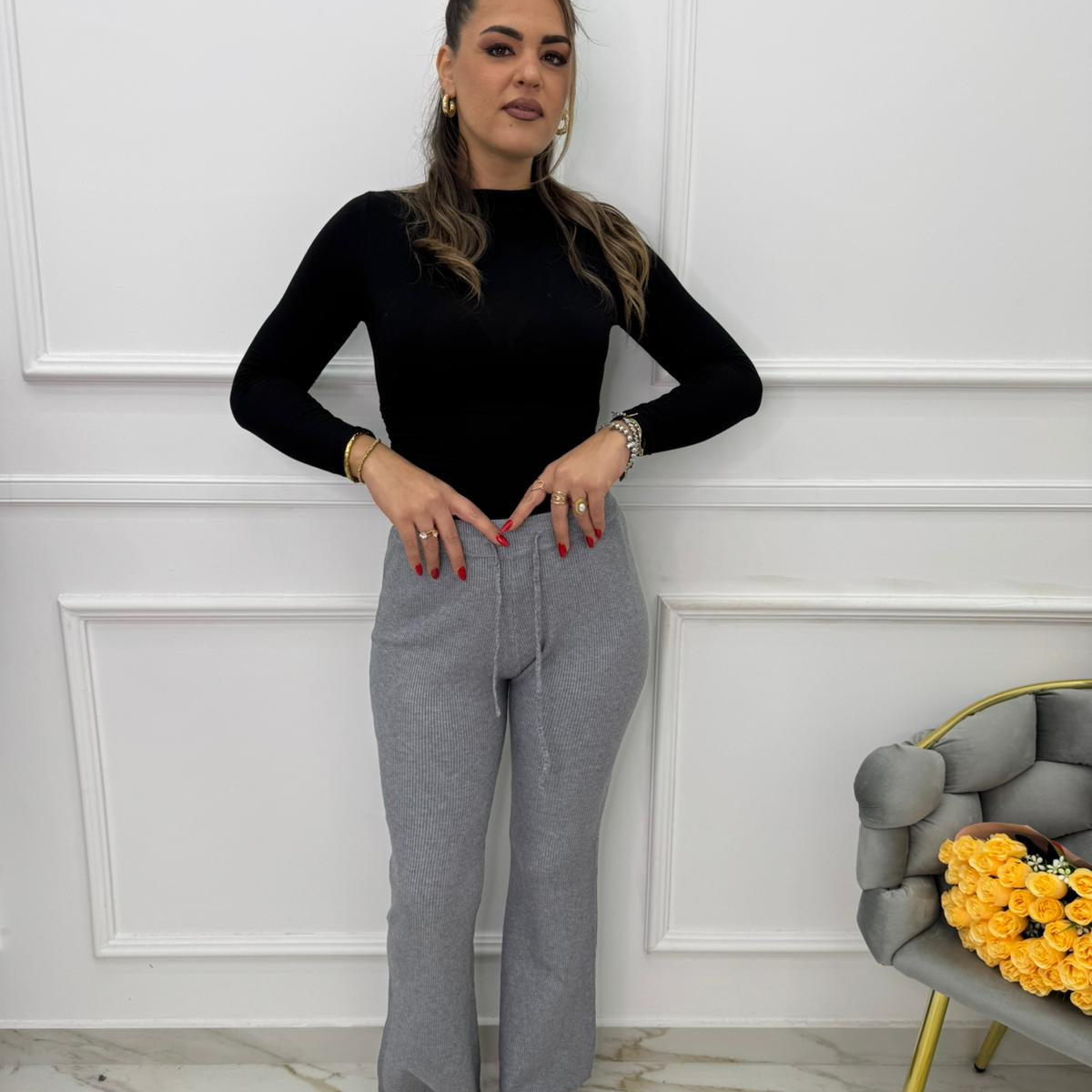 Pantalone palazzo a costine in simil lana