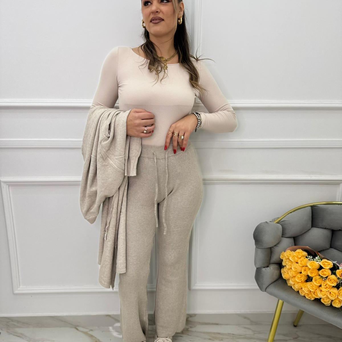 Pantalone palazzo a costine in simil lana