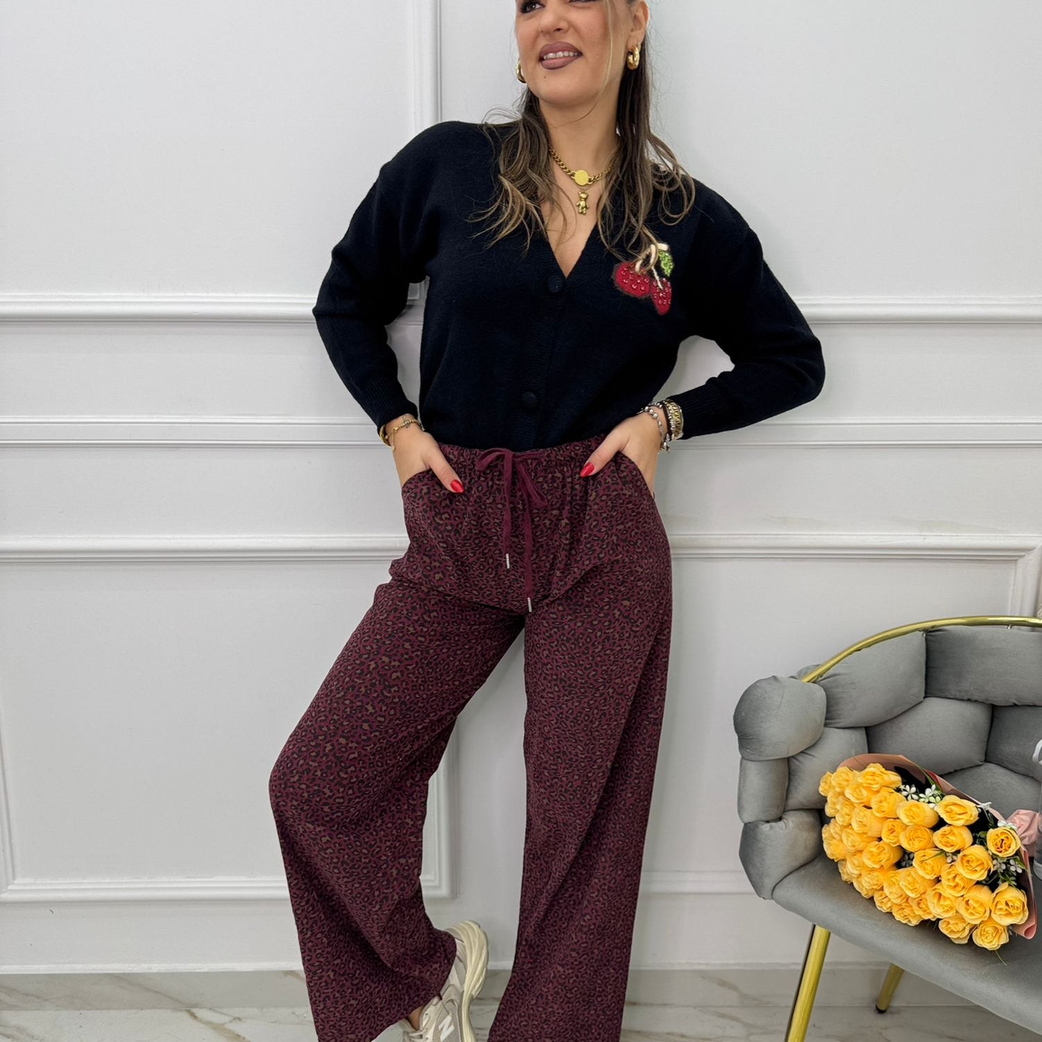 Pantalone palazzo animalier a coste