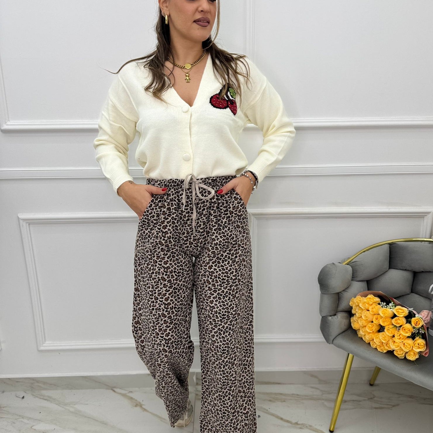 Pantalone palazzo animalier a coste