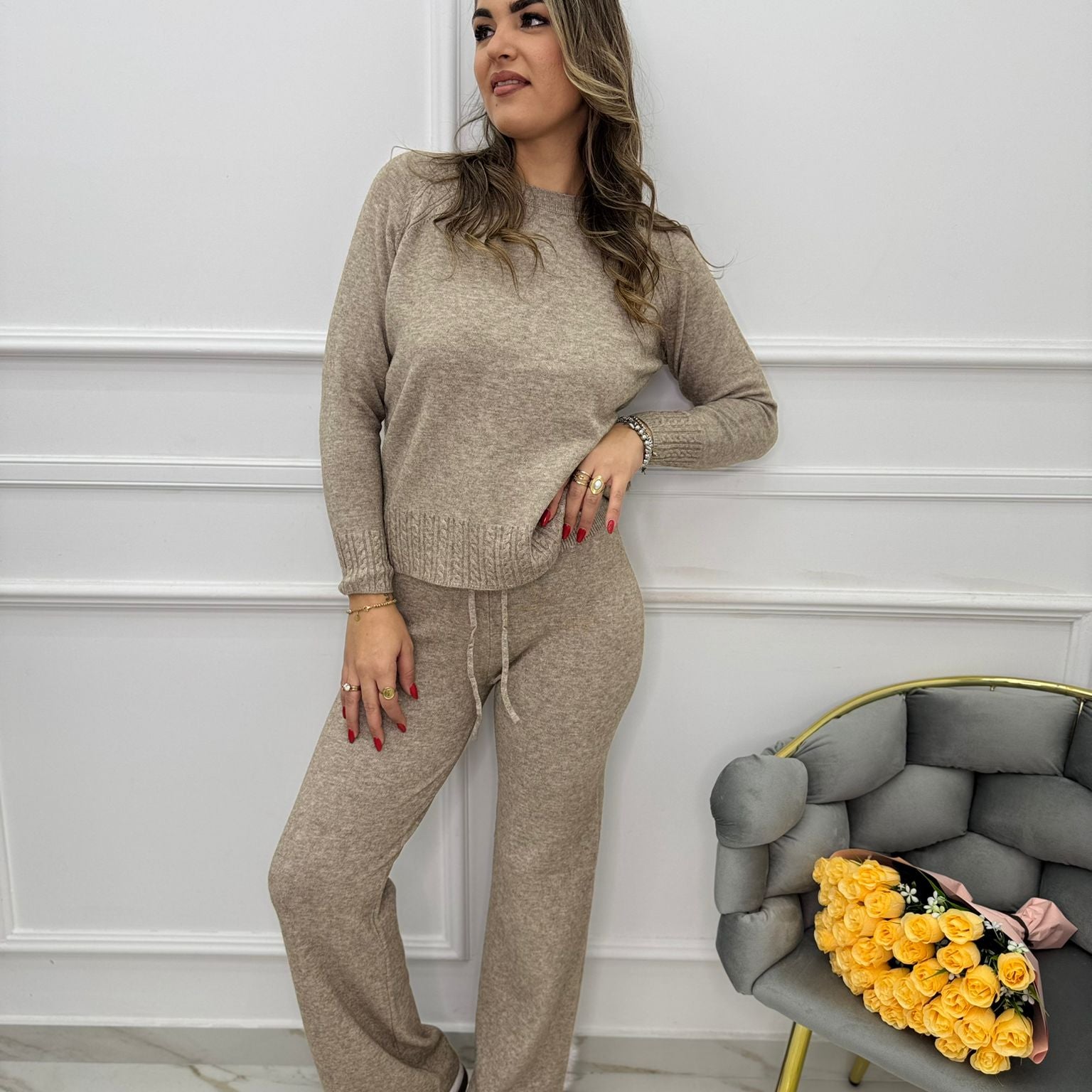 Coordinato 2 pezzi con maglia trama treccia