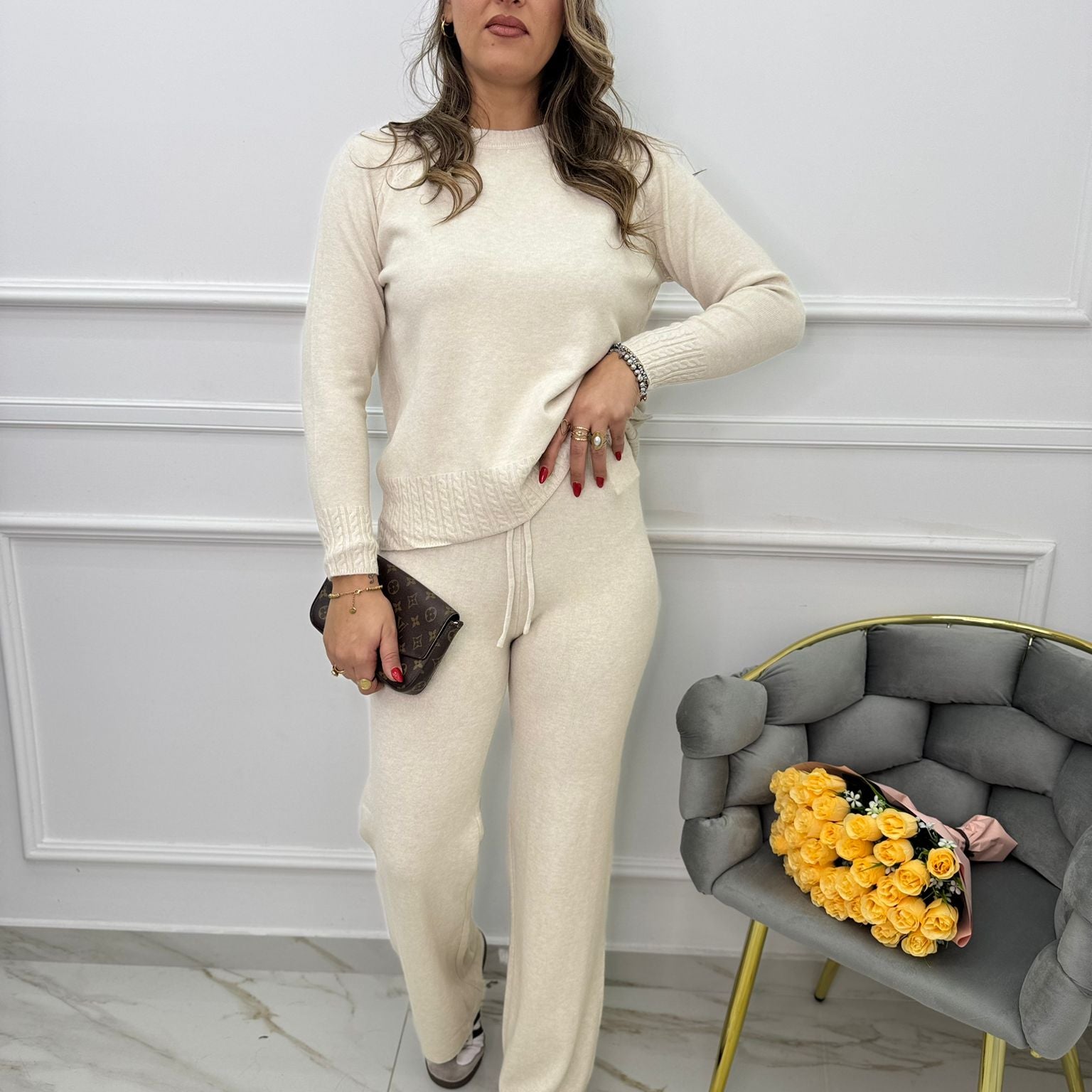 Coordinato 2 pezzi con maglia trama treccia