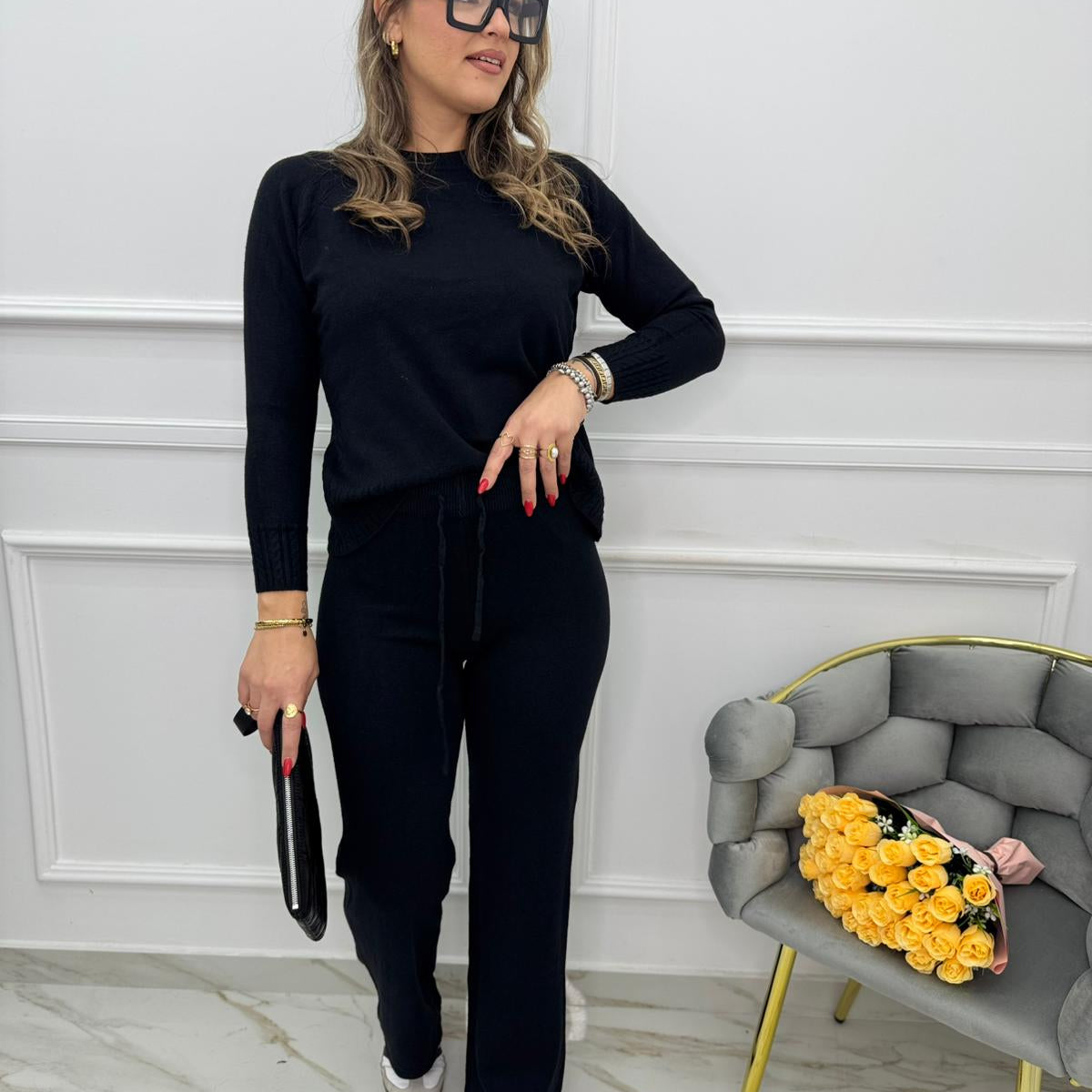 Coordinato 2 pezzi con maglia trama treccia