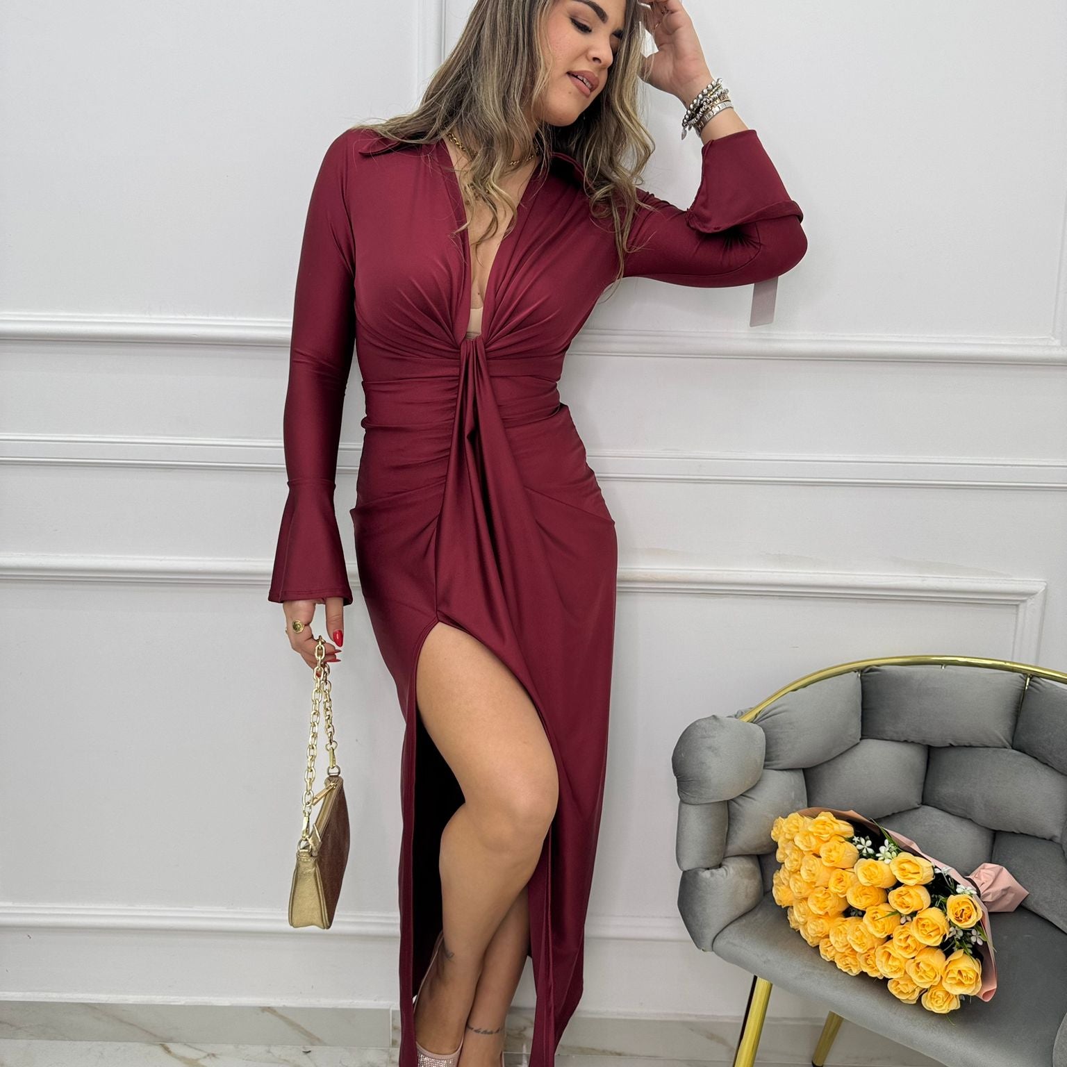 Vestito lungo in lycra con collo effetto camicia