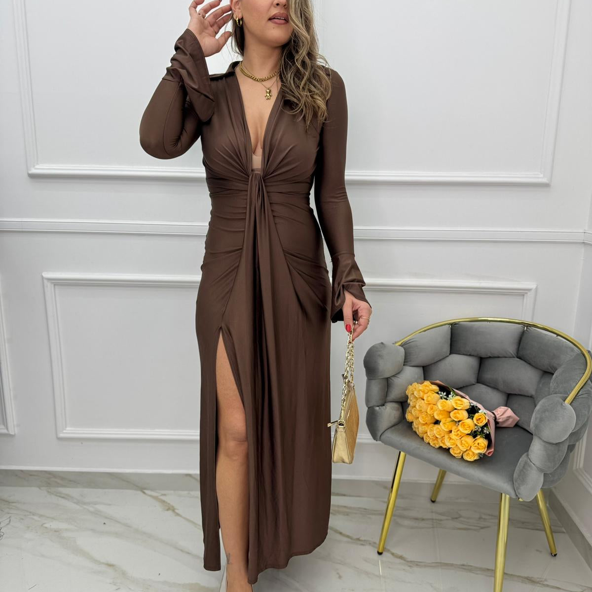 Vestito lungo in lycra con collo effetto camicia