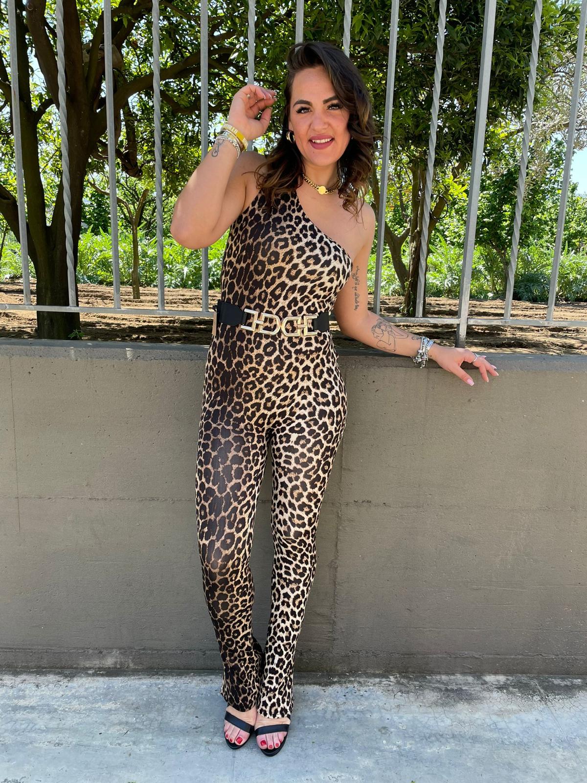 Tuta intera animalier mono spalla con spacchetti alle caviglie