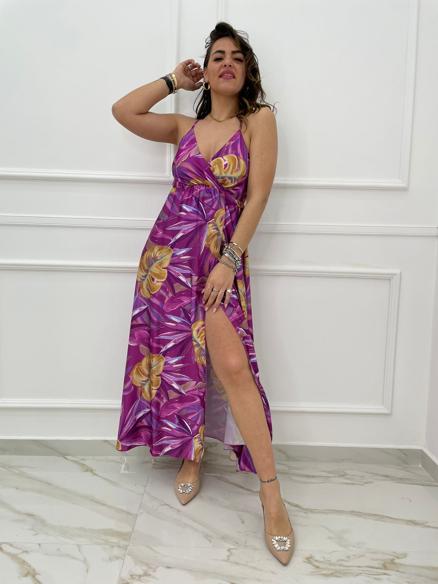 Vestito lungo fantasia safari con spacco laterale