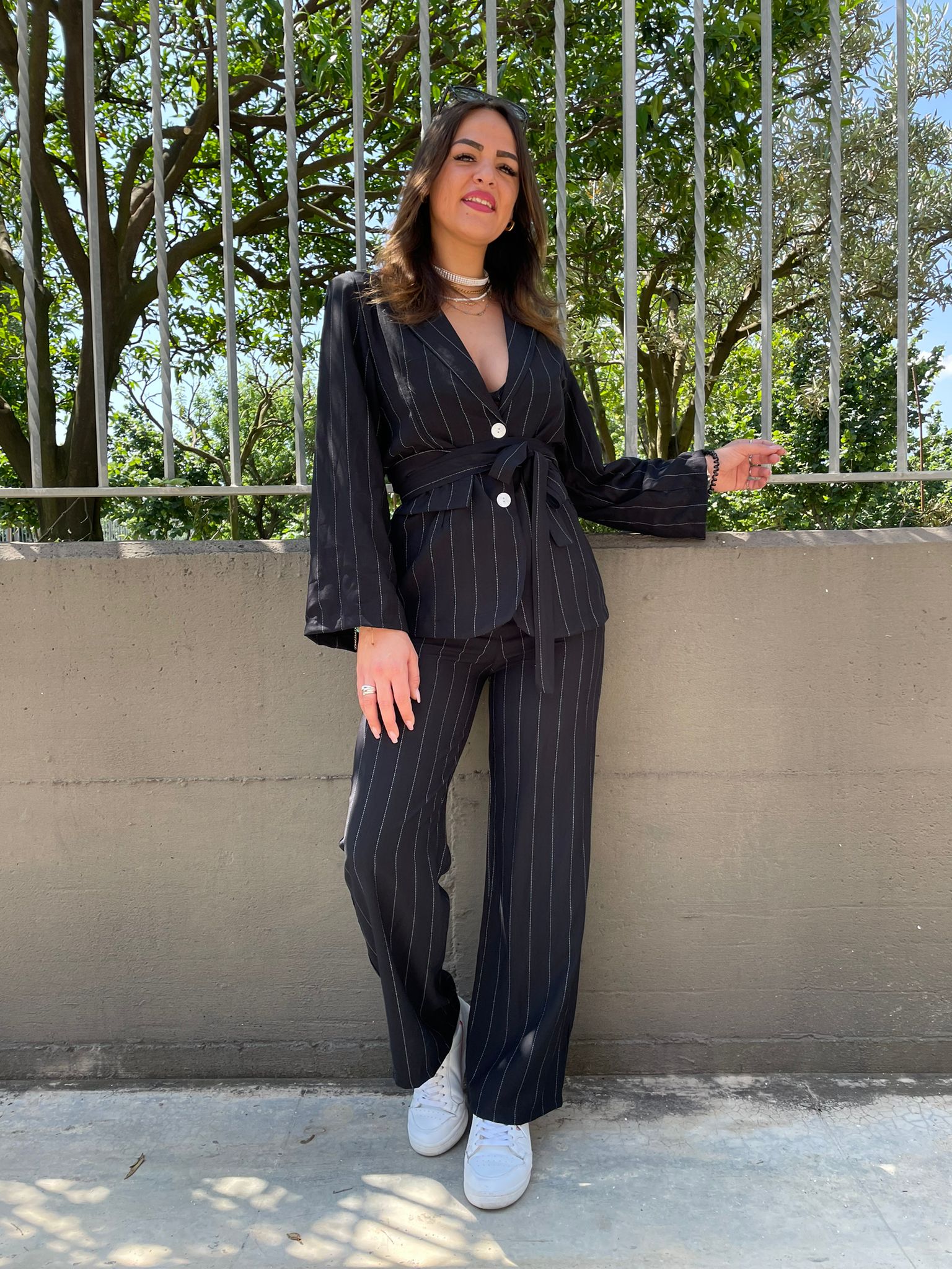Tailleur effetto lino 3 pezzi fantasia righe