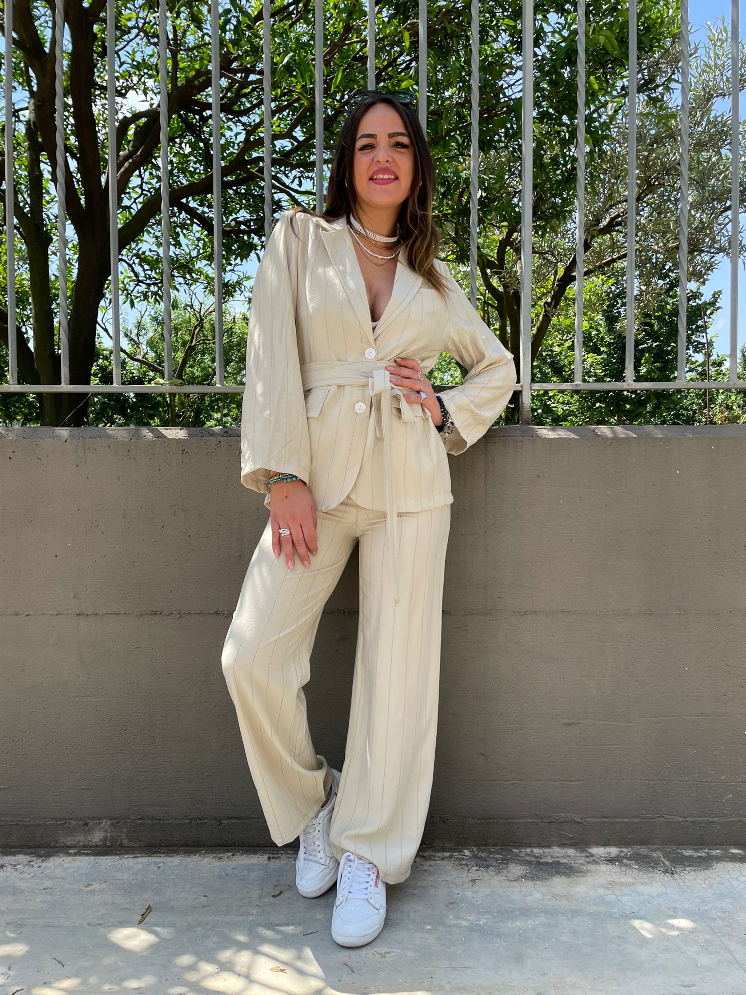 Tailleur effetto lino 3 pezzi fantasia righe