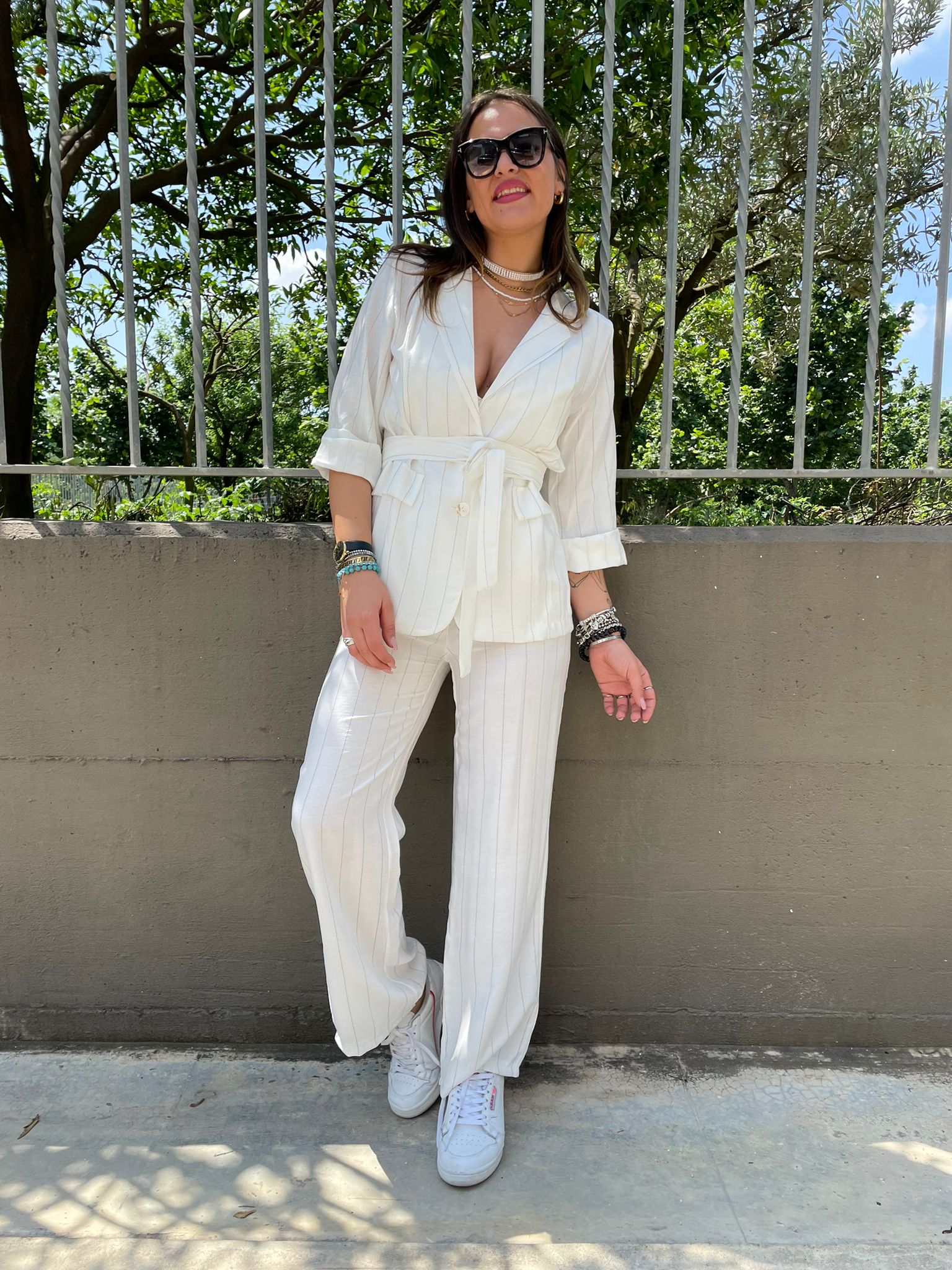 Tailleur effetto lino 3 pezzi fantasia righe