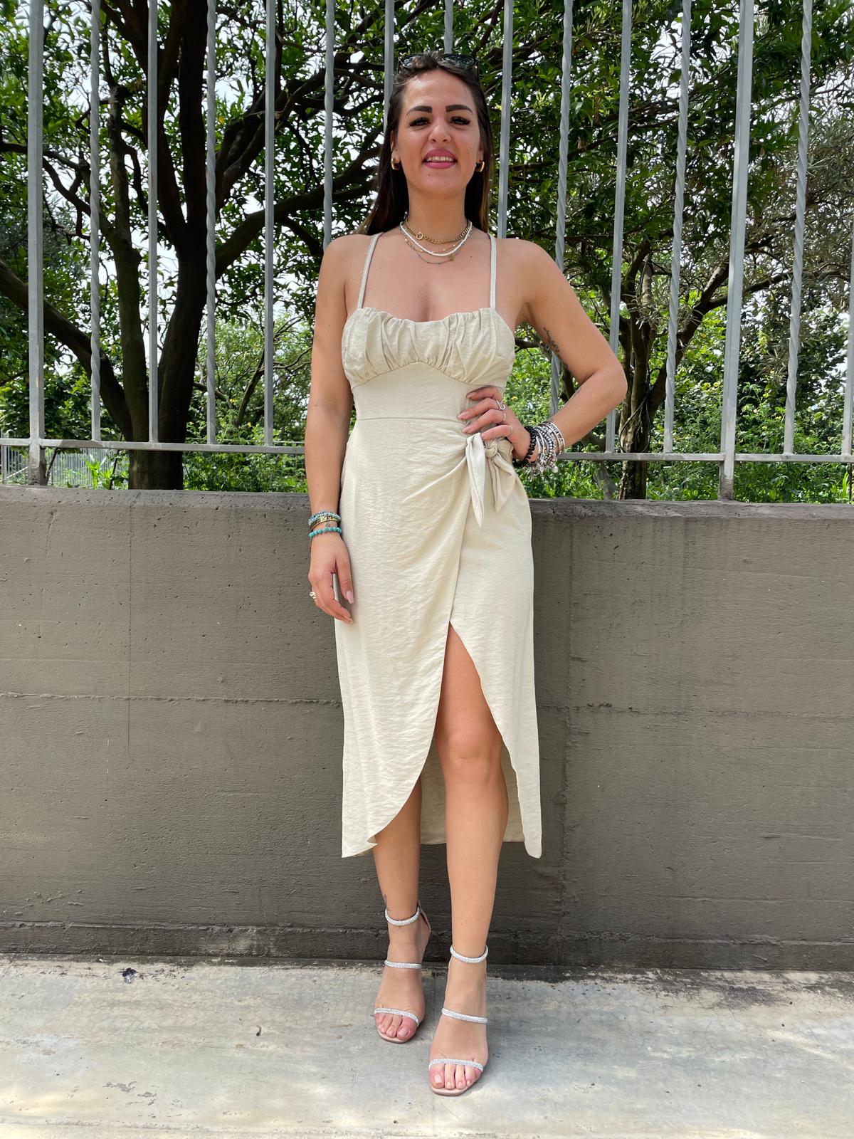 Vestito midi effetto lino con nodo laterale