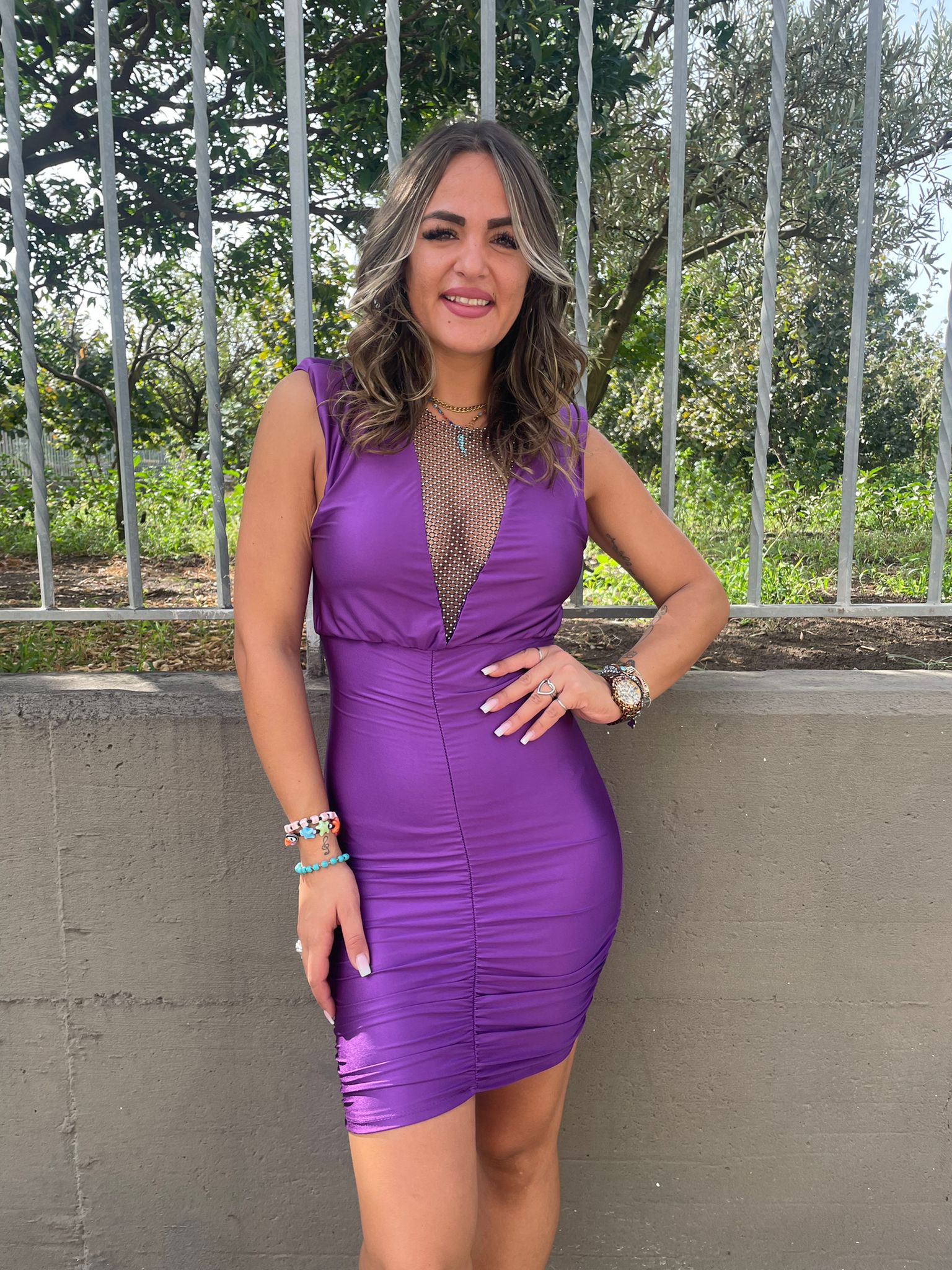 Vestitino drappeggiato con scollo a rete swarovski