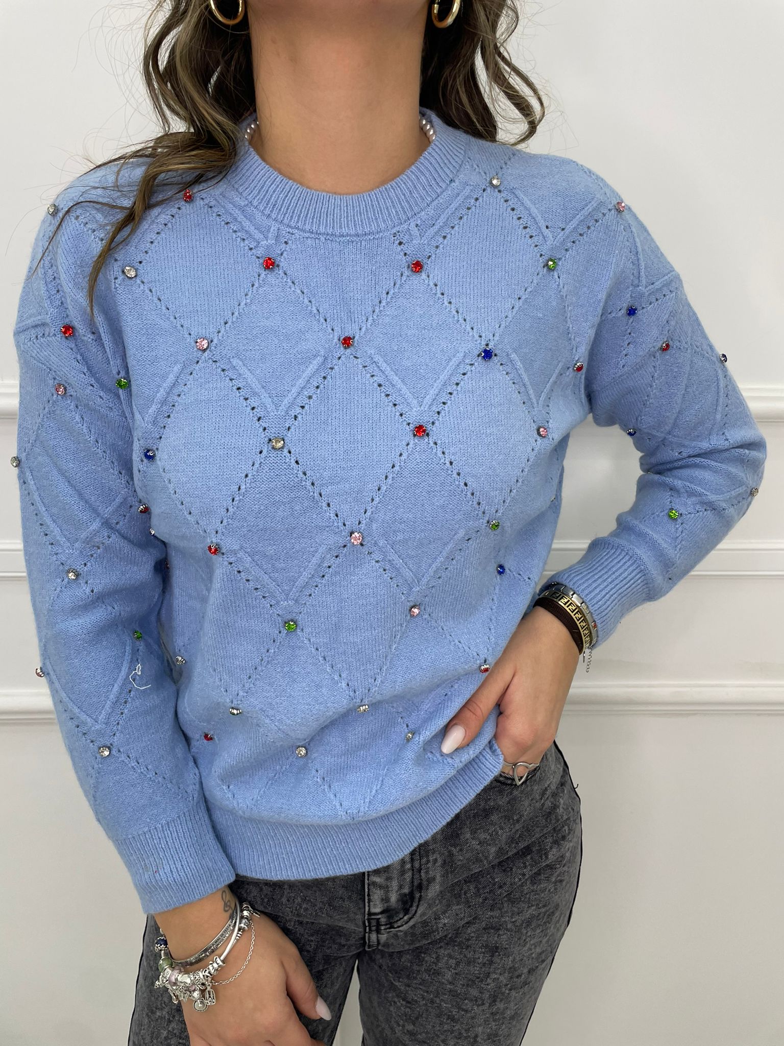 Maglioncino trama rombi con swarovski colorati