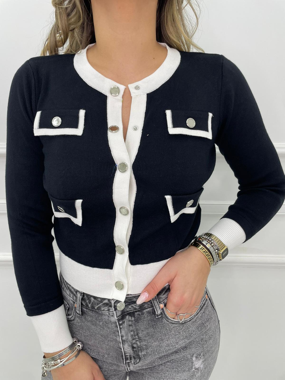 Cardigan bicolore con bottoni specchio