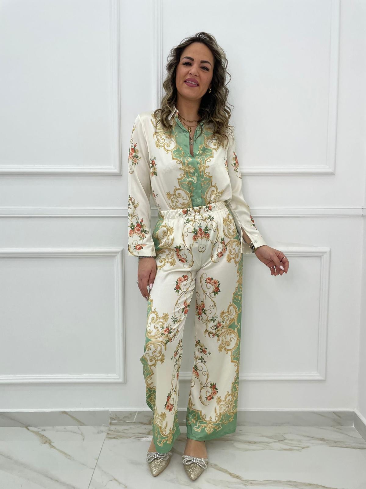 Coordinato 2 pezzi effetto seta con pantalone palazzo