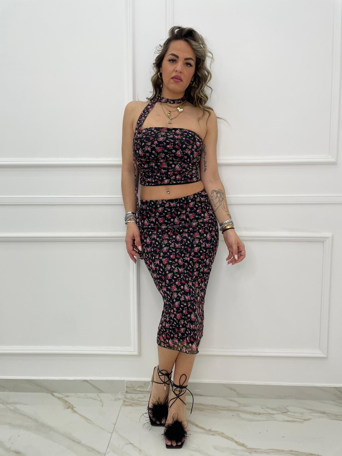 Coordinato 2 pezzi fantasia floreale con gonna lunga