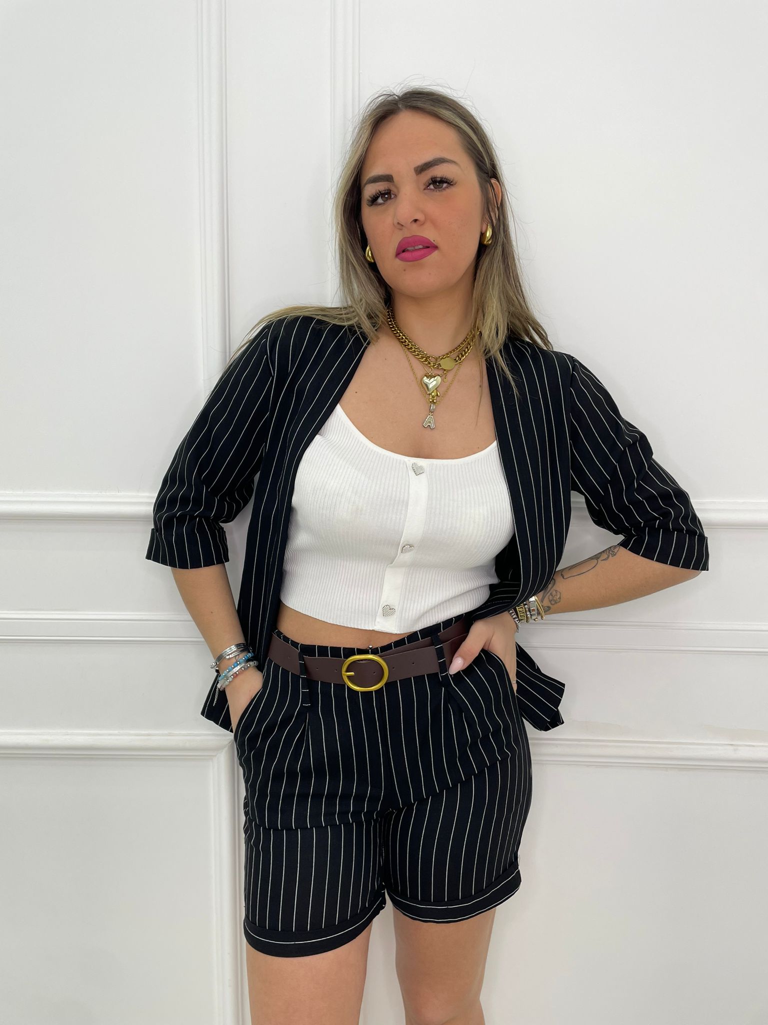 Coordinato 2 pezzi effetto lino a righe con bermuda