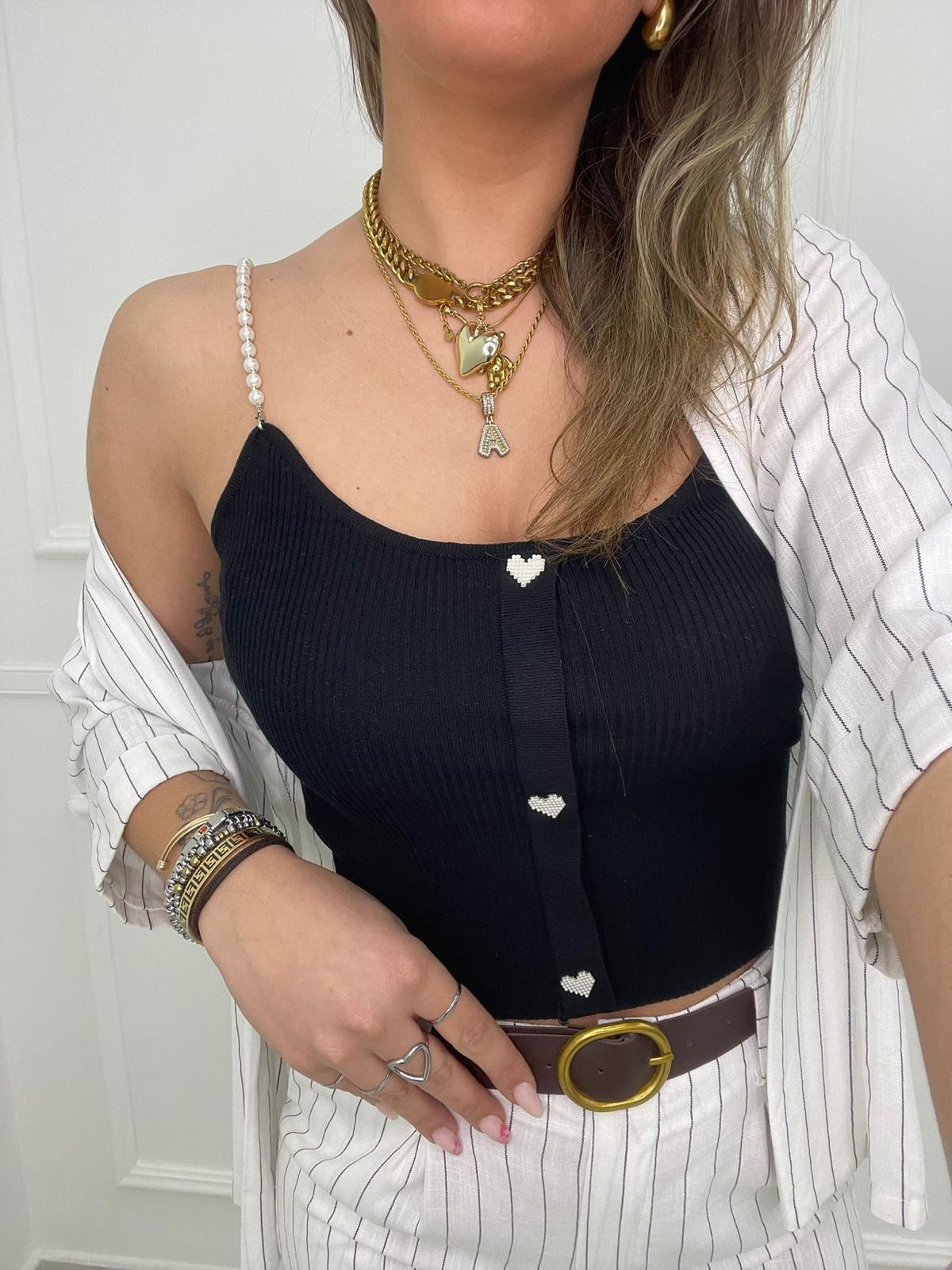 Top in filo con bretelle perla