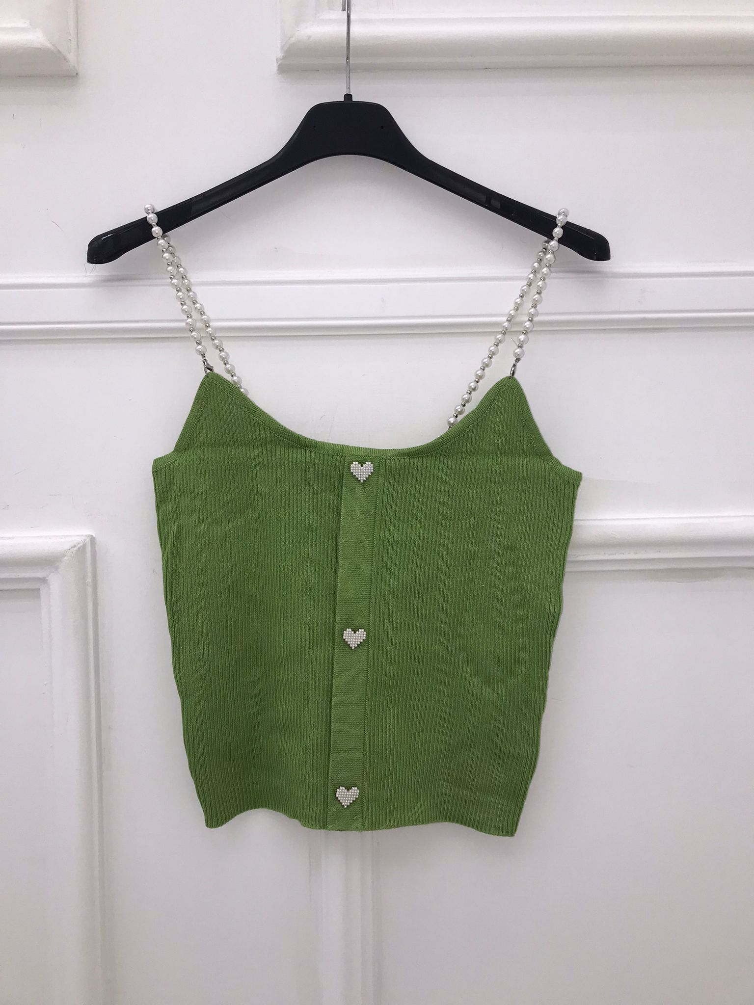 Top in filo con bretelle perla