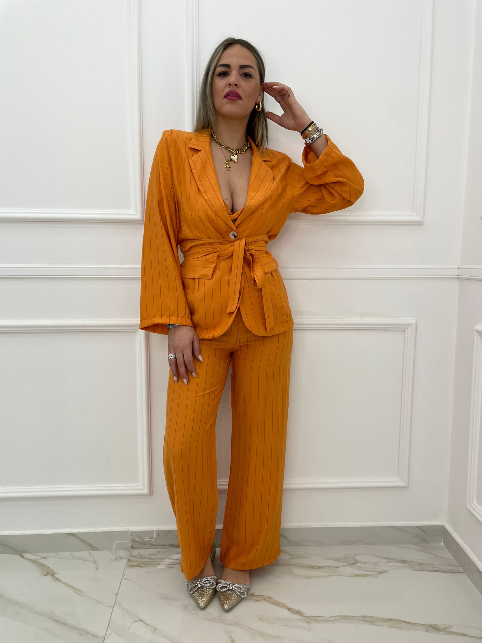 Tailleur effetto lino 3 pezzi fantasia righe