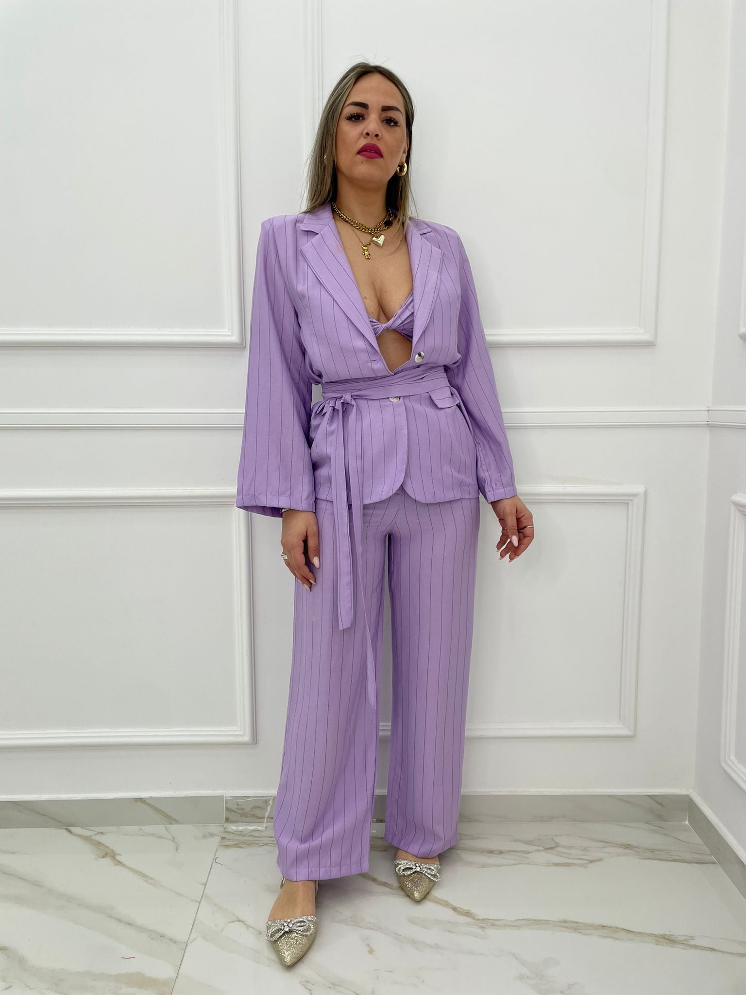 Tailleur effetto lino 3 pezzi fantasia righe