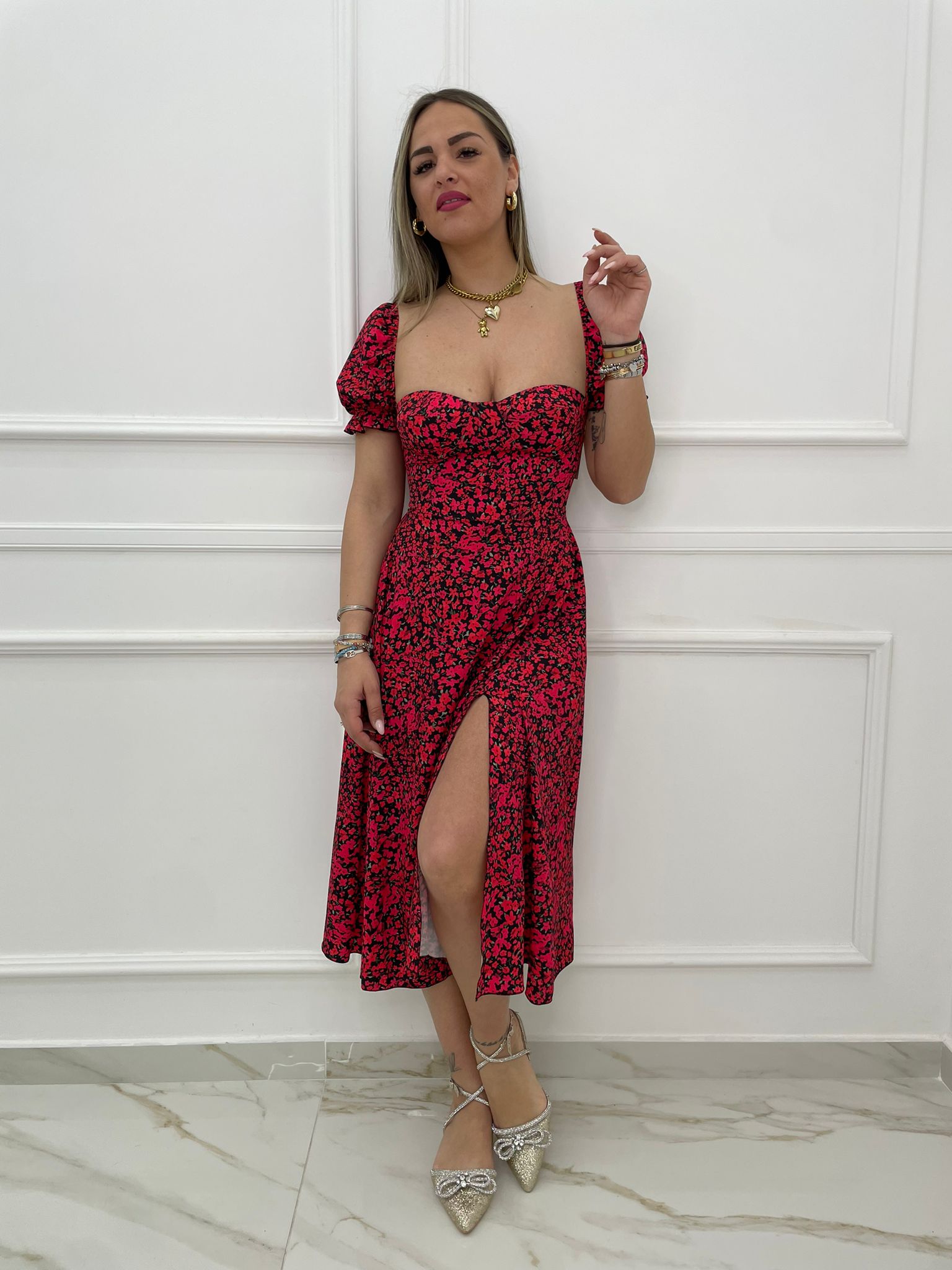 Vestito midi fantasia floreale con schiena scoperta