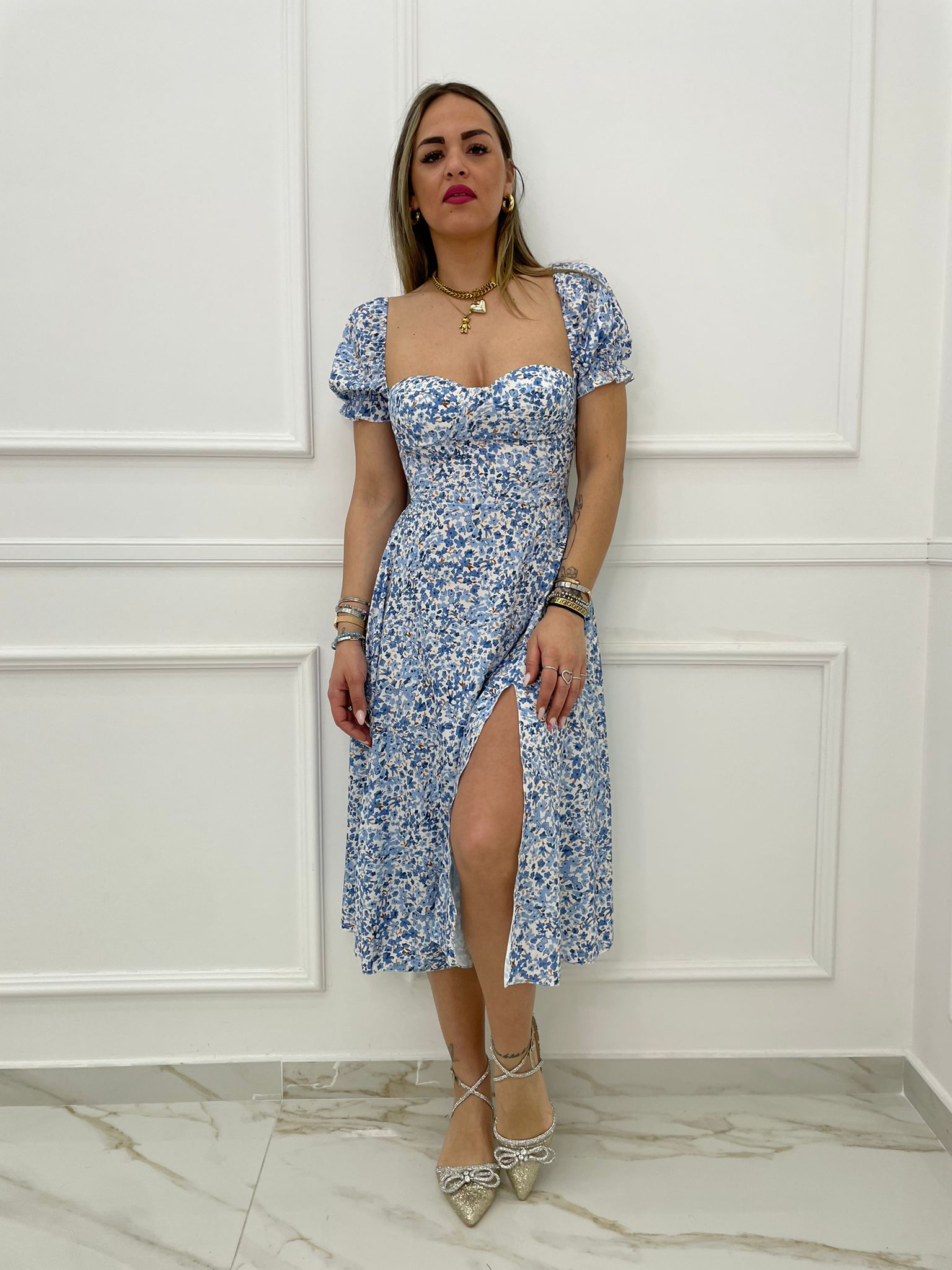 Vestito midi fantasia floreale con schiena scoperta