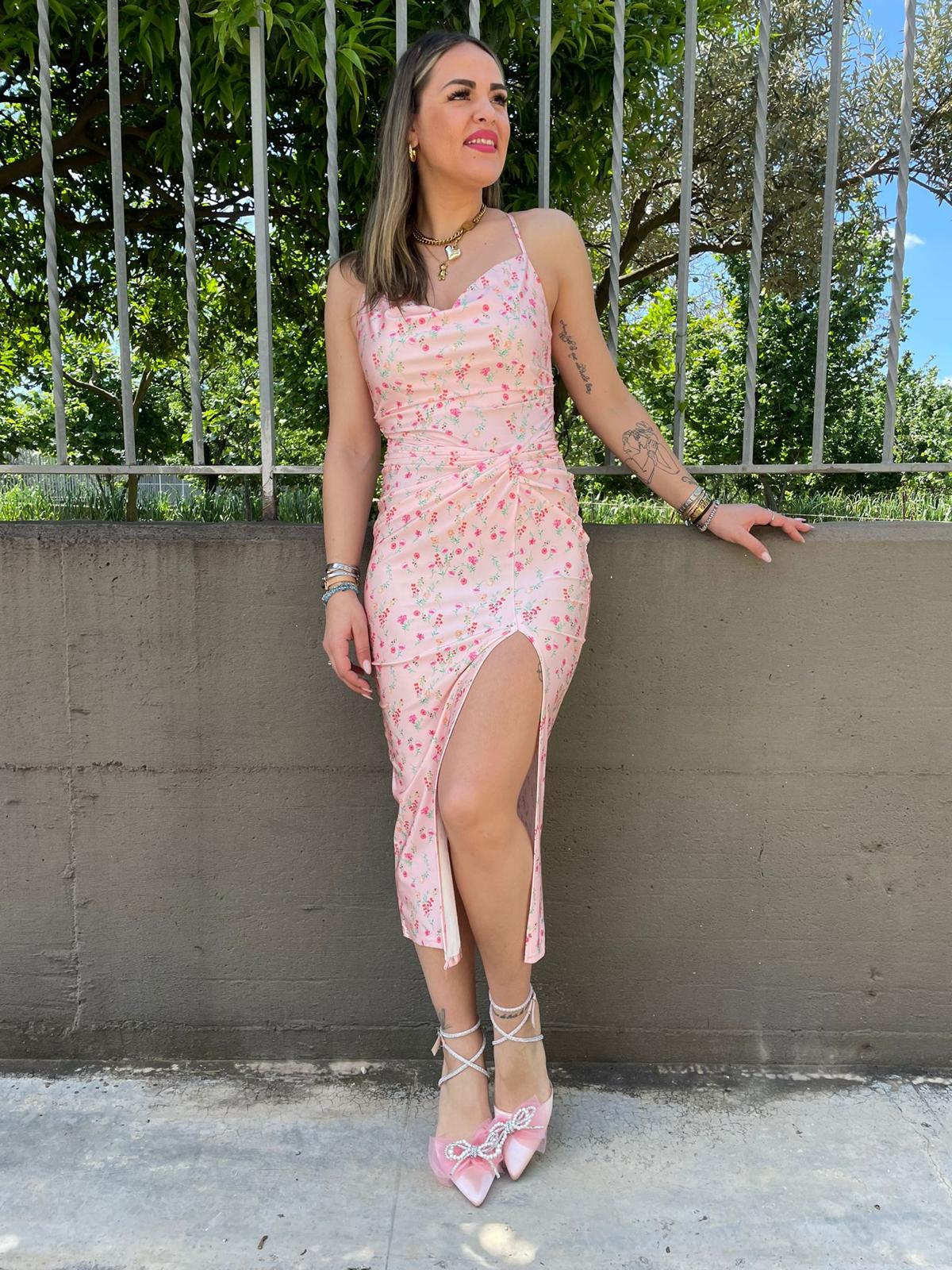 Vestito in lycra floreale con nodo e schiena scoperta