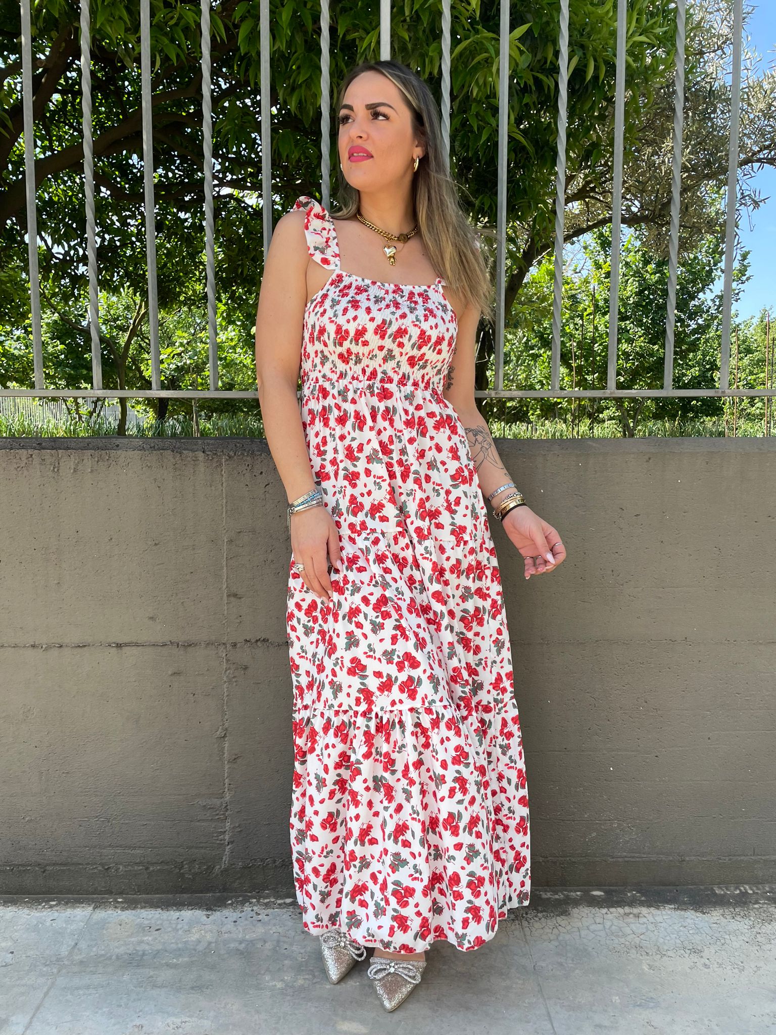 Vestito lungo floreale con fascia elastica