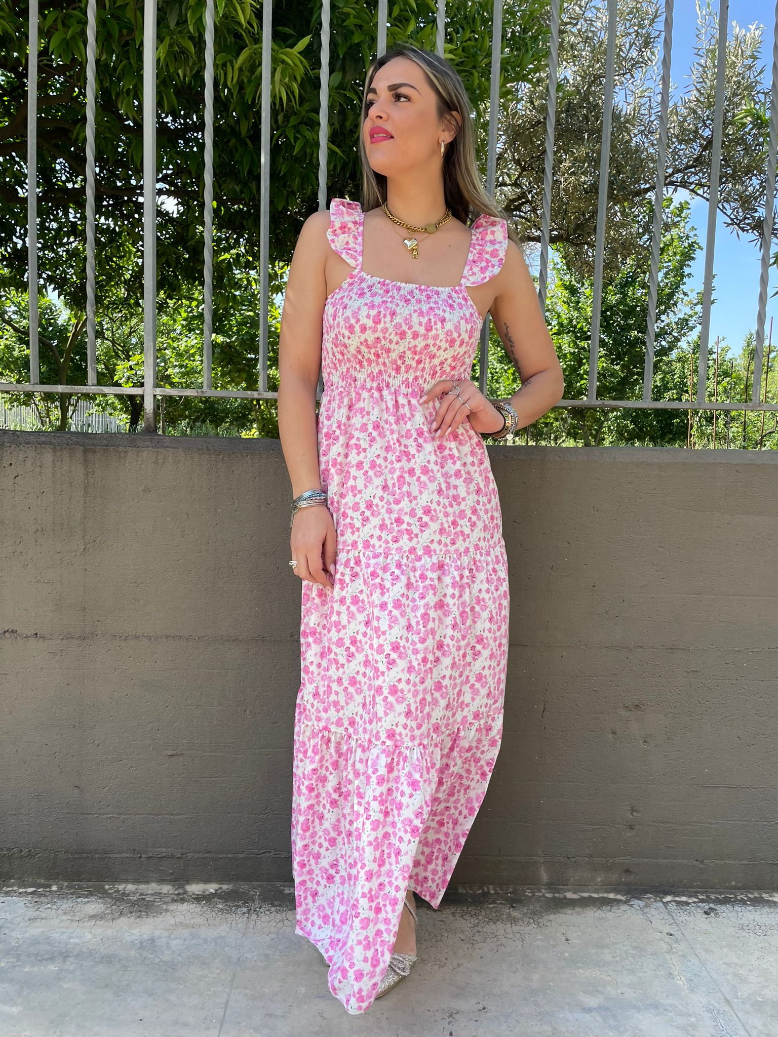 Vestito lungo floreale con fascia elastica