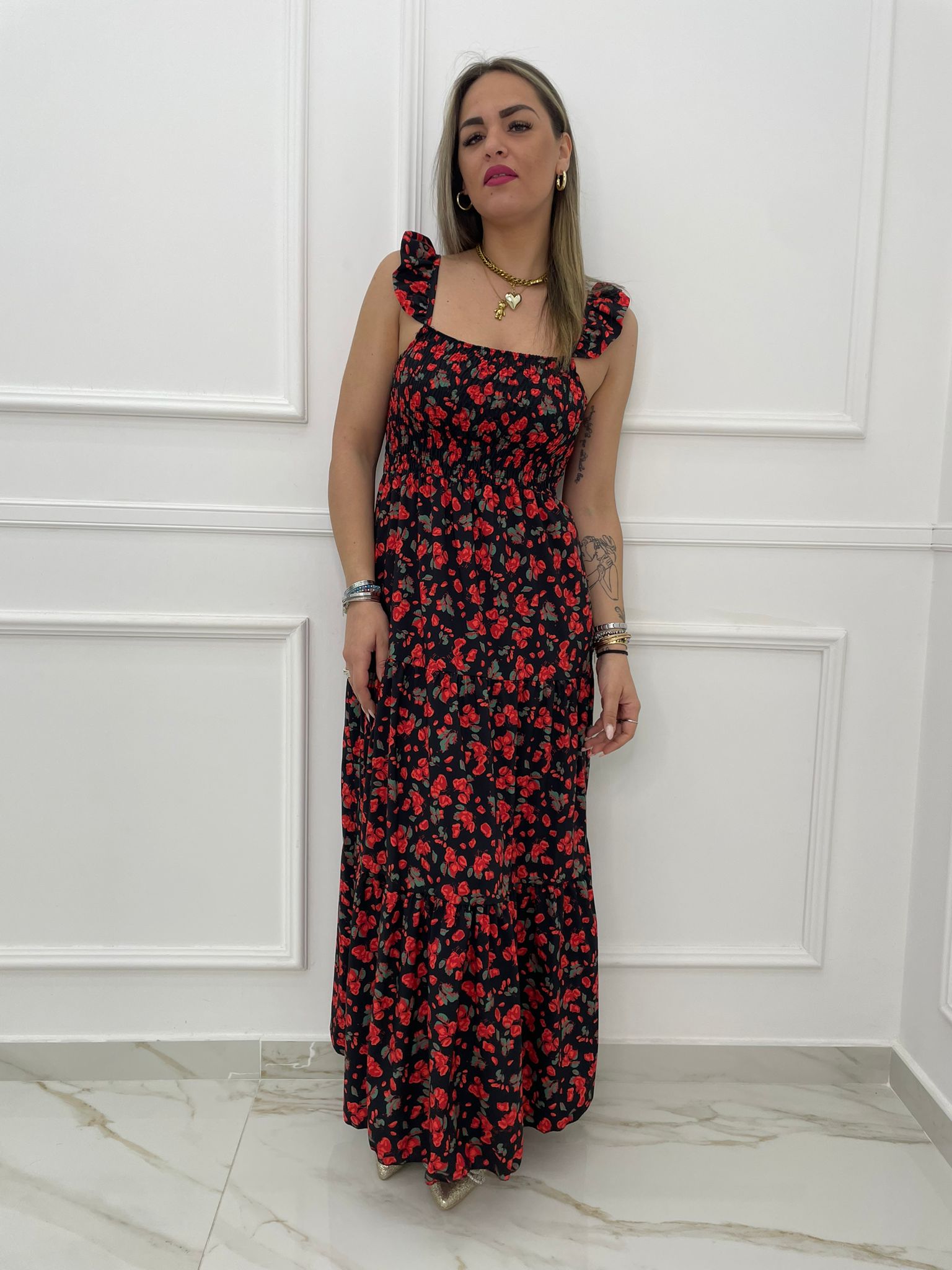 Vestito lungo floreale con fascia elastica