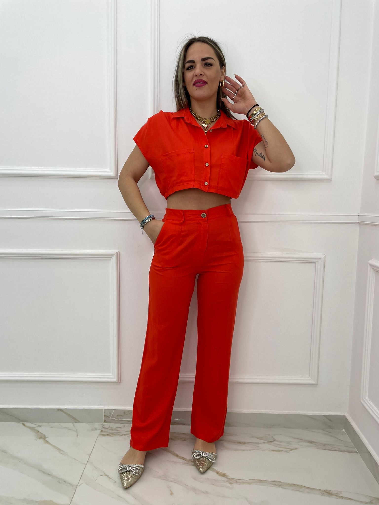 Coordinato 2 pezzi in lino con camicia crop