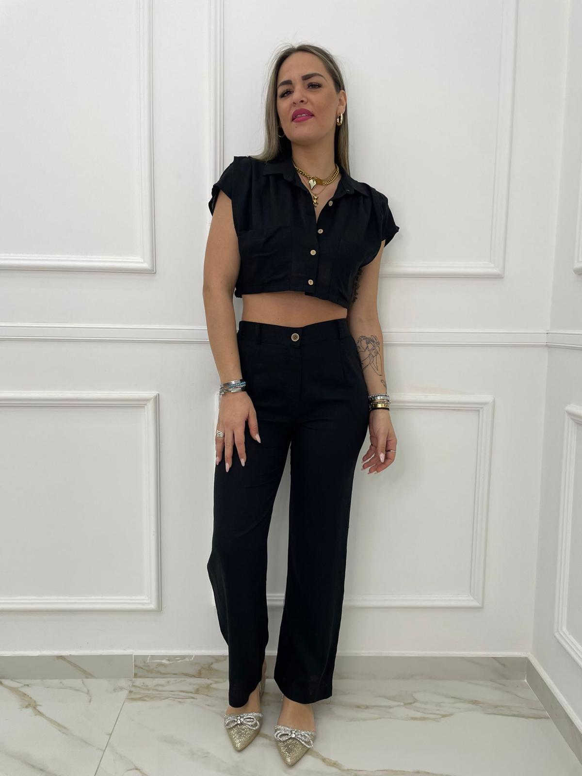Coordinato 2 pezzi in lino con camicia crop