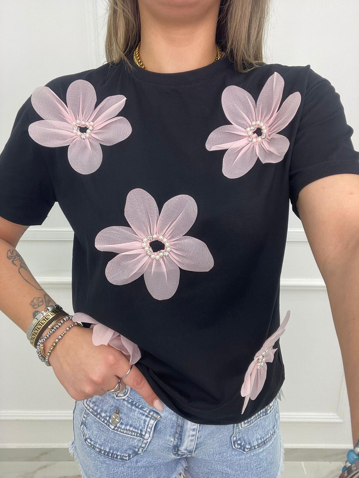 T-shirt tinta unita con fiori in tulle colorati