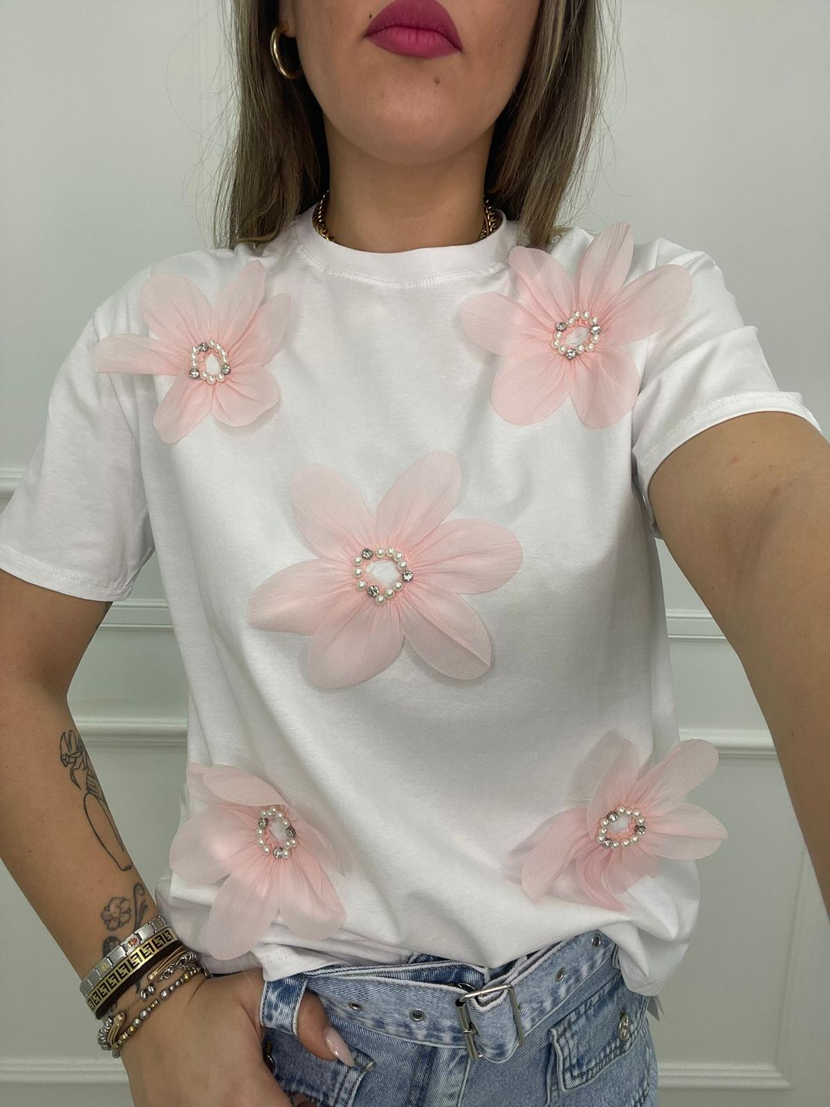 T-shirt tinta unita con fiori in tulle colorati