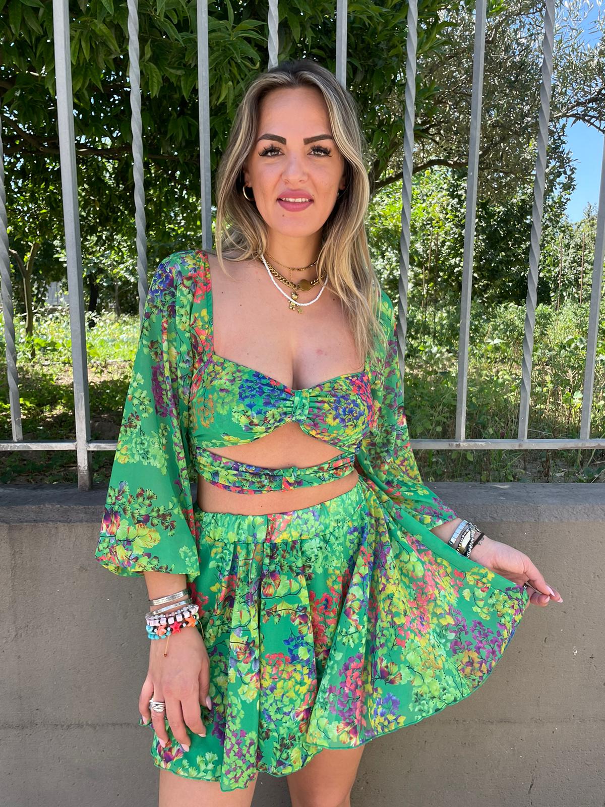 Coordinato 2 pezzi floreale con mini gonna